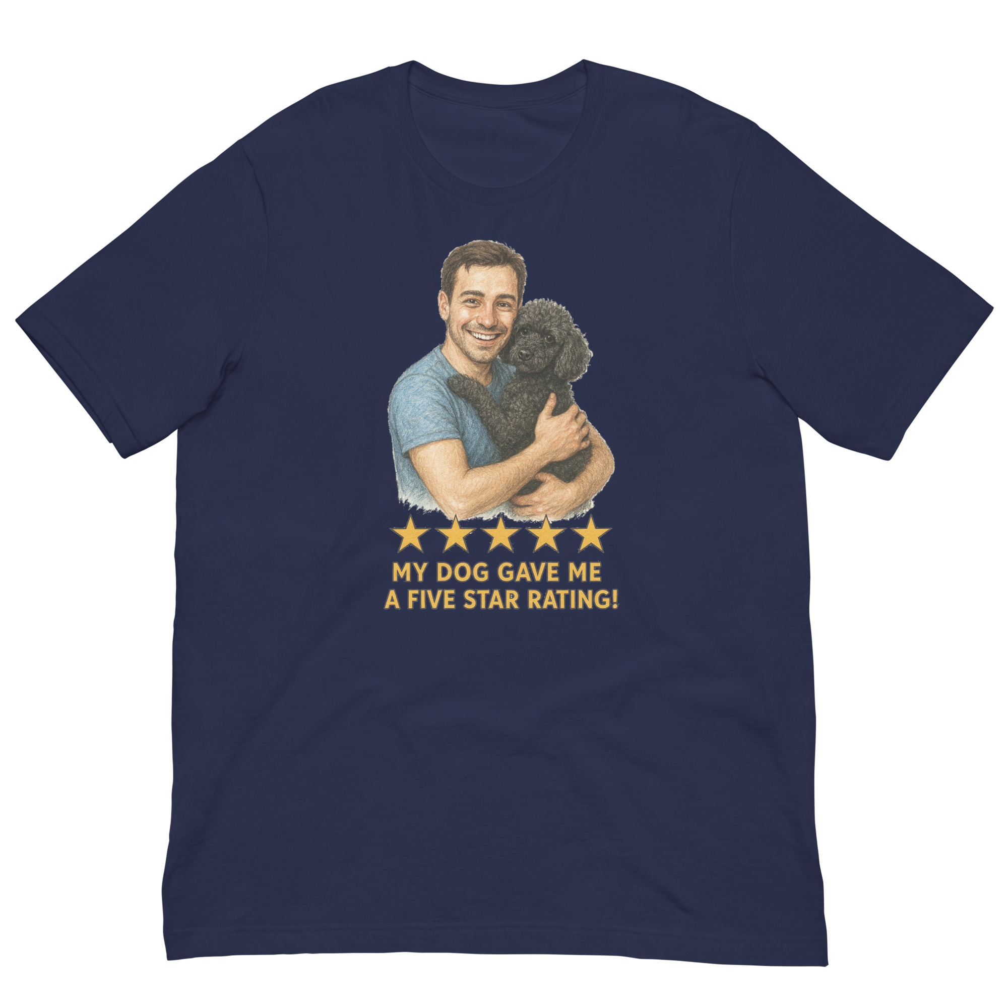 Brunette Man with Black Poodle graphic tee.