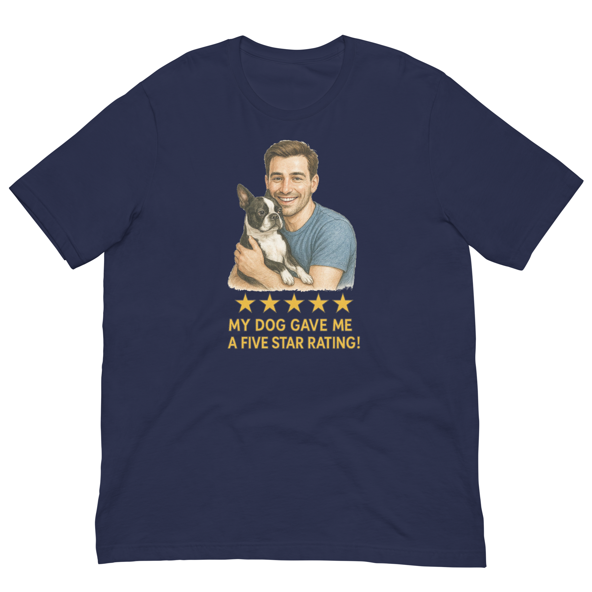 Brunette Man with Boston Terrier graphic tee.