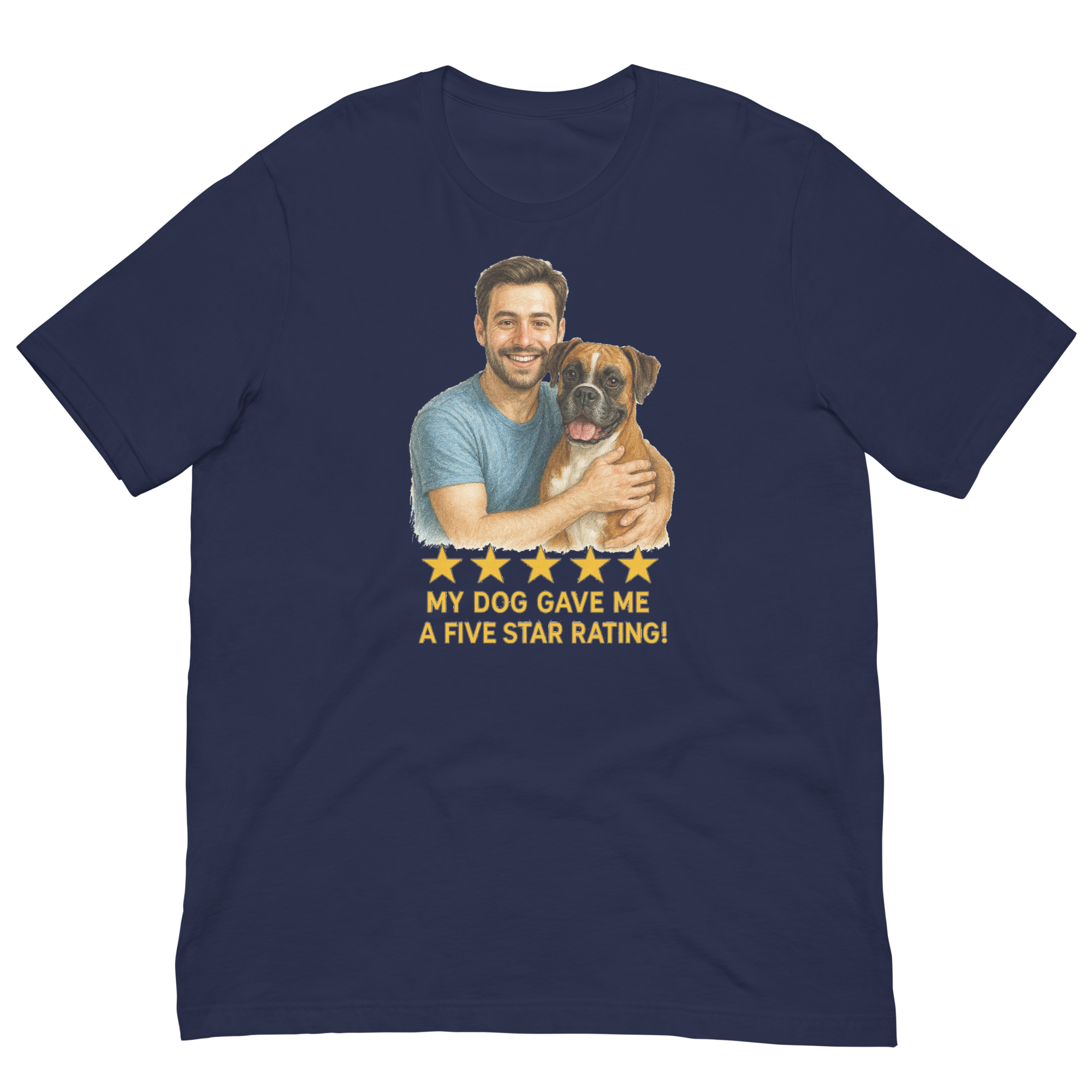 Brunette Man with Boxer graphic tee.