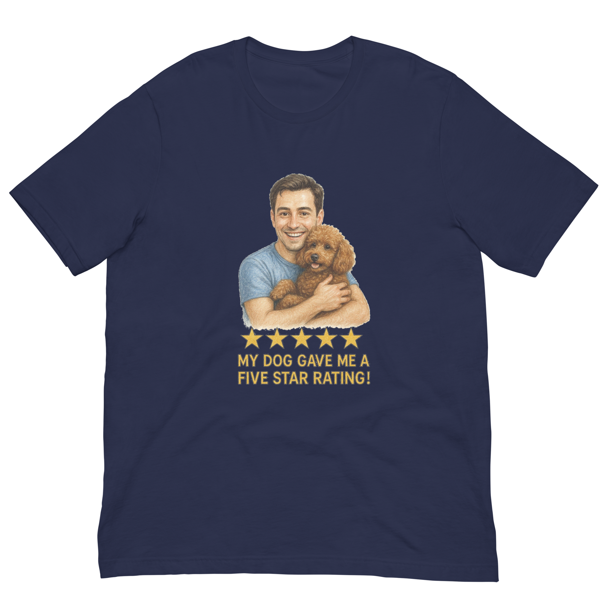 Brunette Man with Brown Poodle graphic tee.