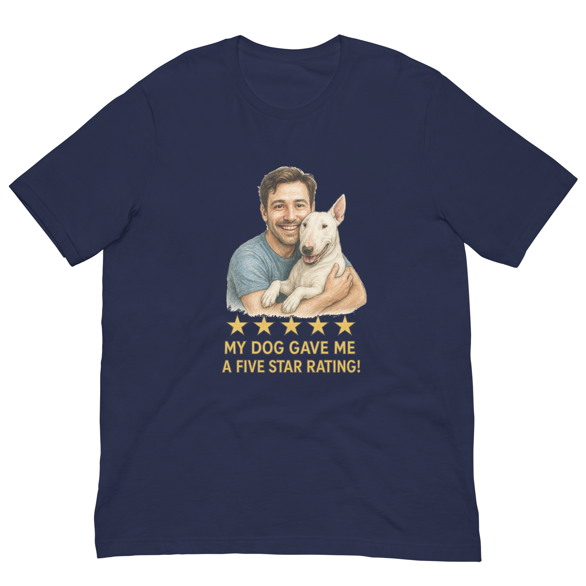 Brunette Man with Bull Terrier graphic tee.