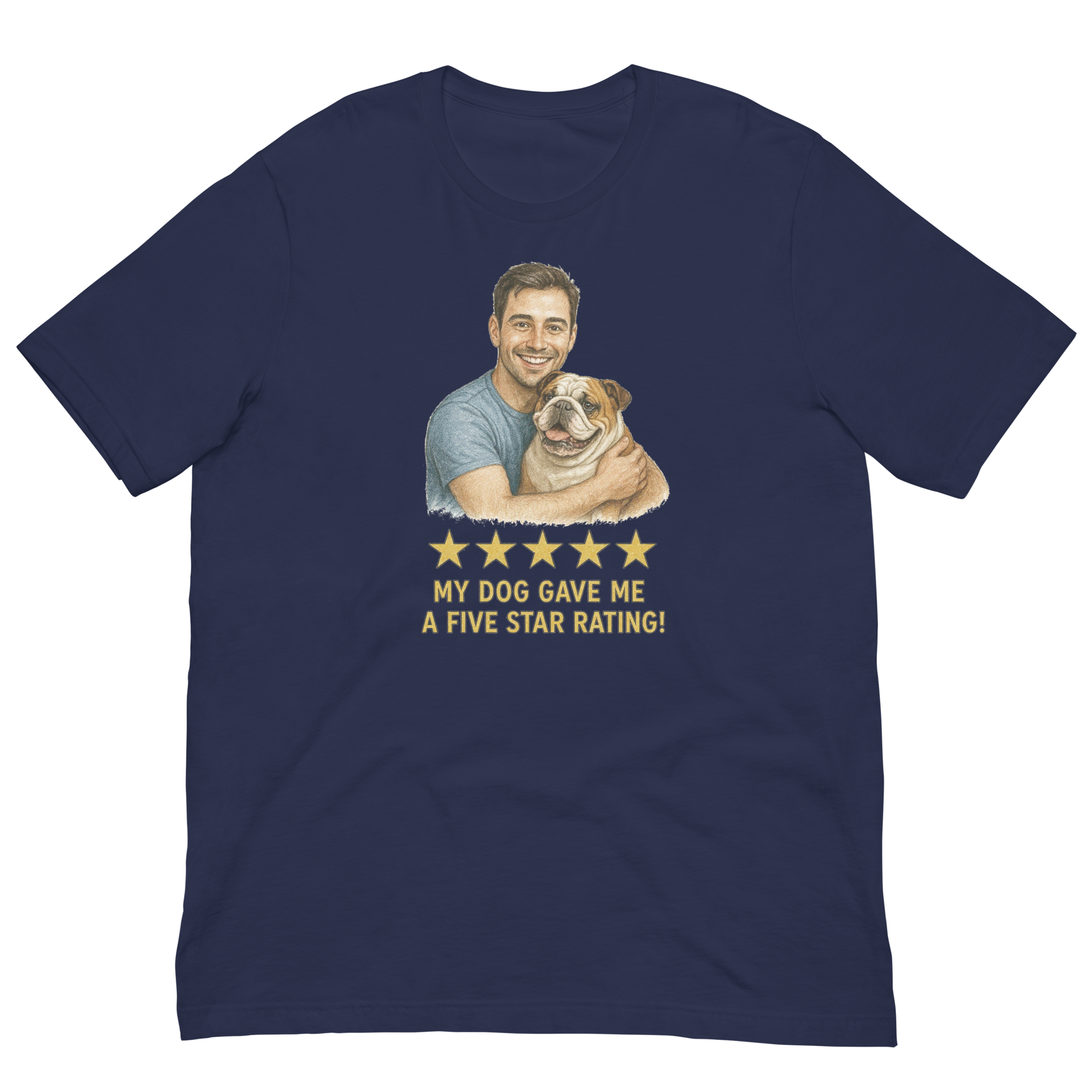 Brunette Man with Bulldog graphic tee.
