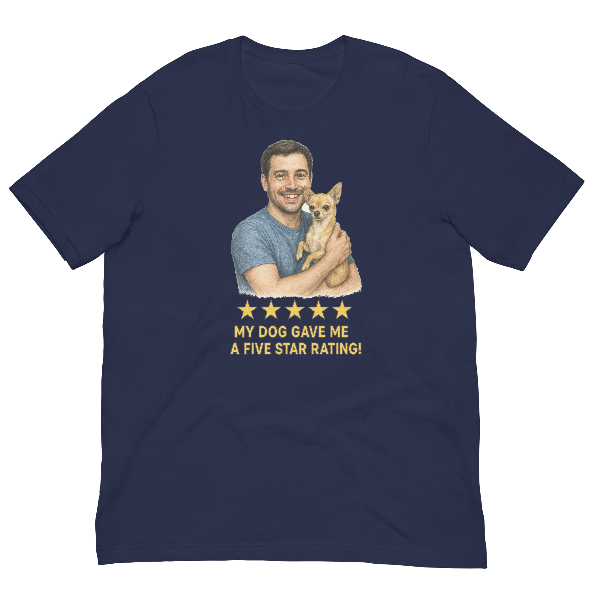 Brunette Man with Chihuahua graphic tee.