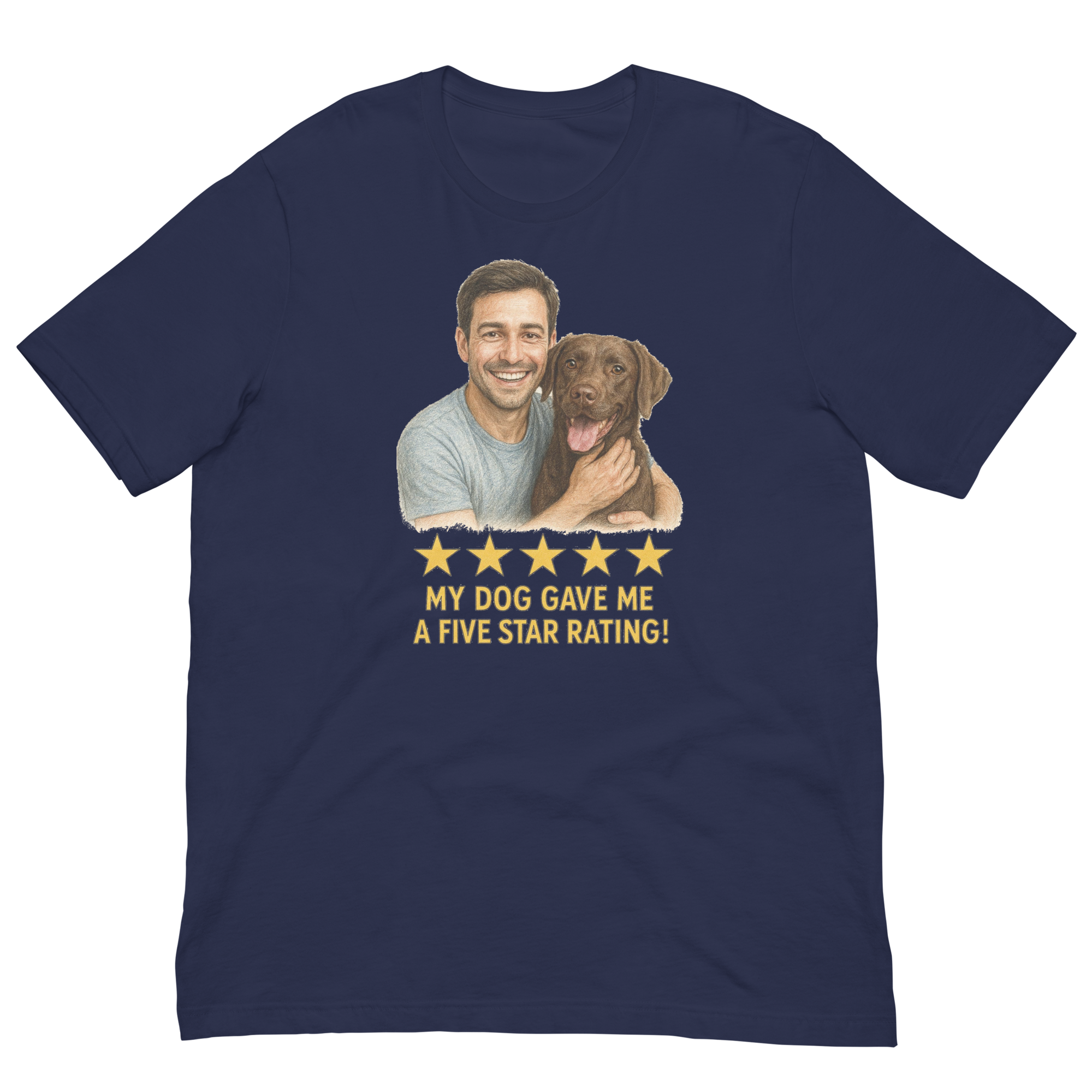 Brunette Man with Chocolate Labrador graphic tee.
