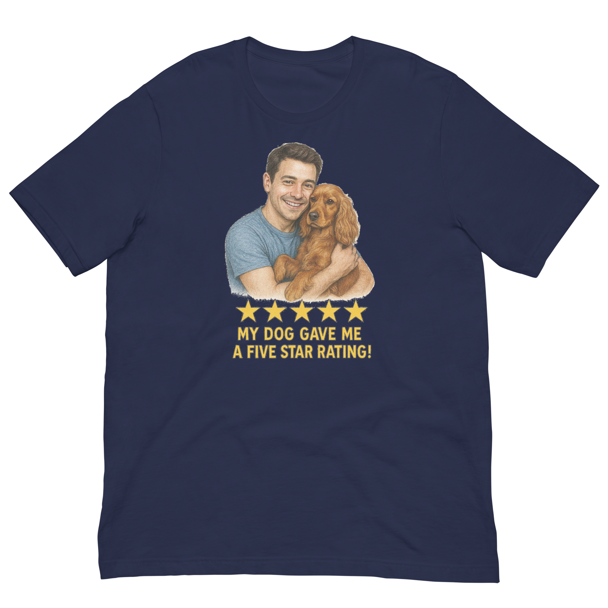 Brunette Man with Cocker Spaniel graphic tee.