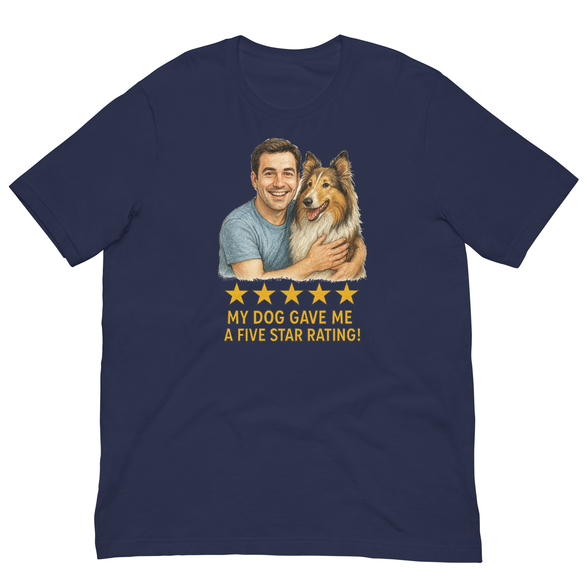 Brunette Man with Collie graphic tee.