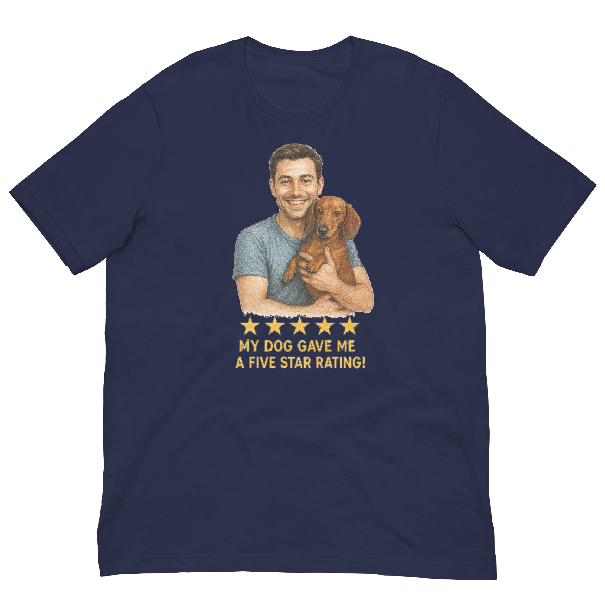 Brunette Man with Dachshund graphic tee.