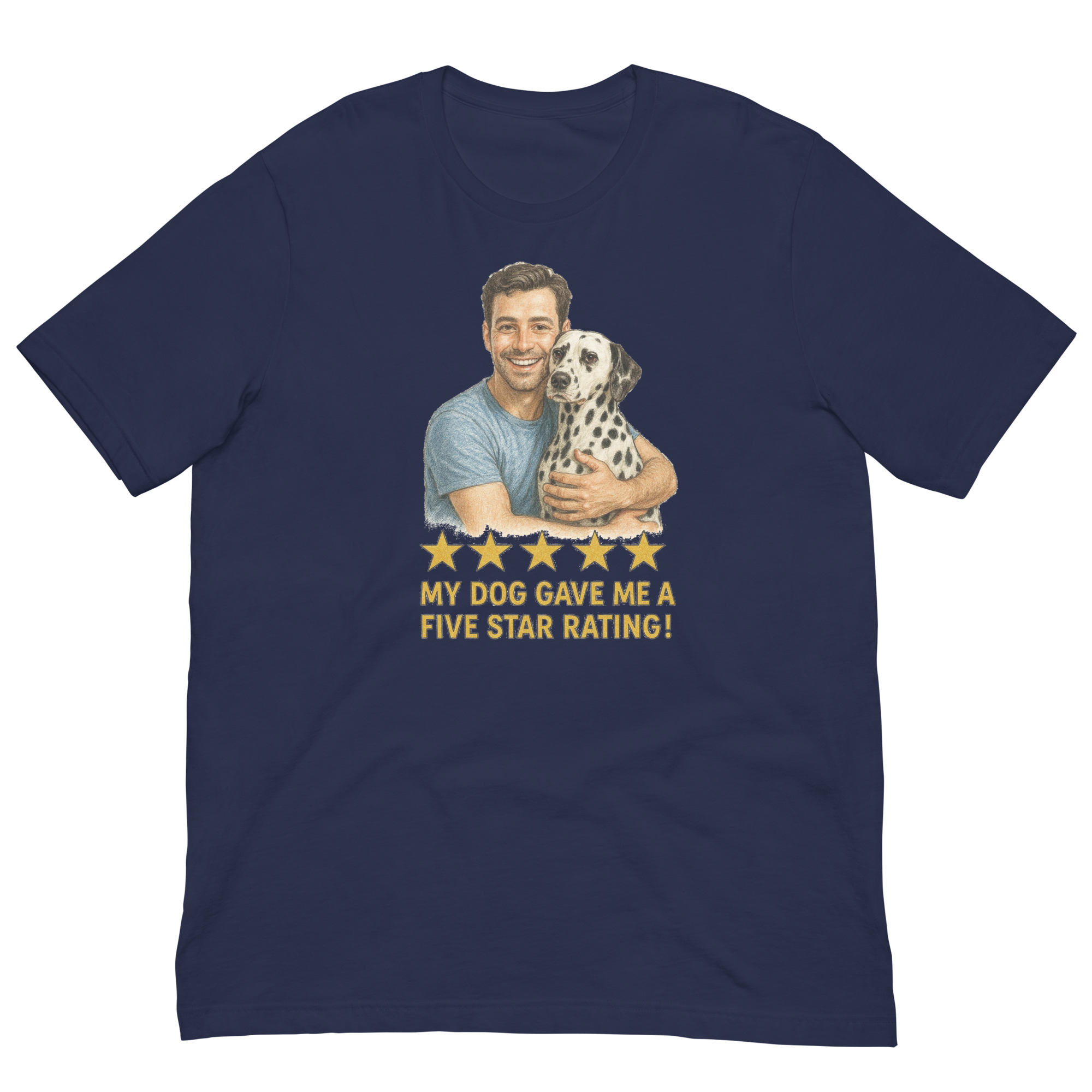 Brunette Man with Dalmatian graphic tee.