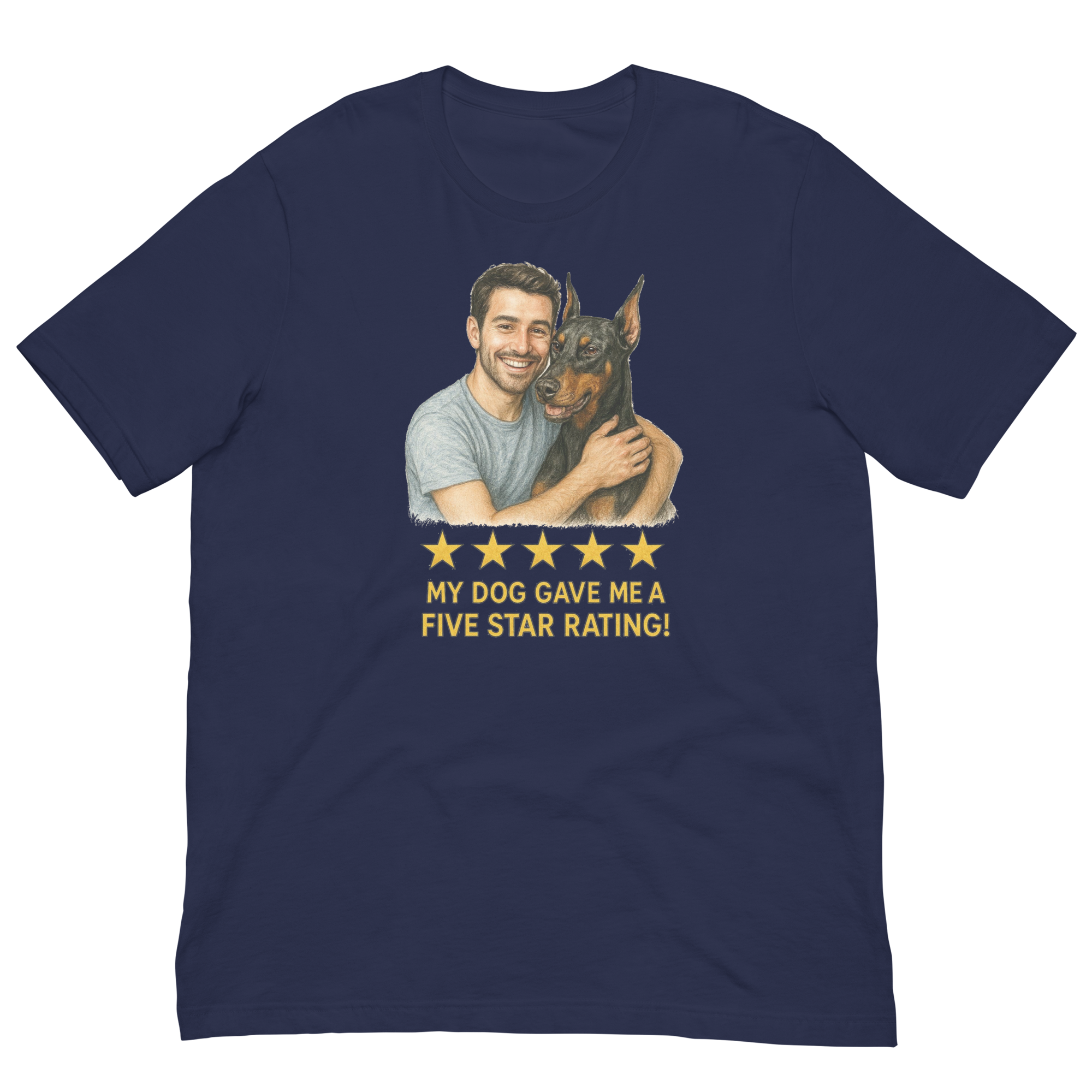 Brunette Man with Doberman Pinscher graphic tee.