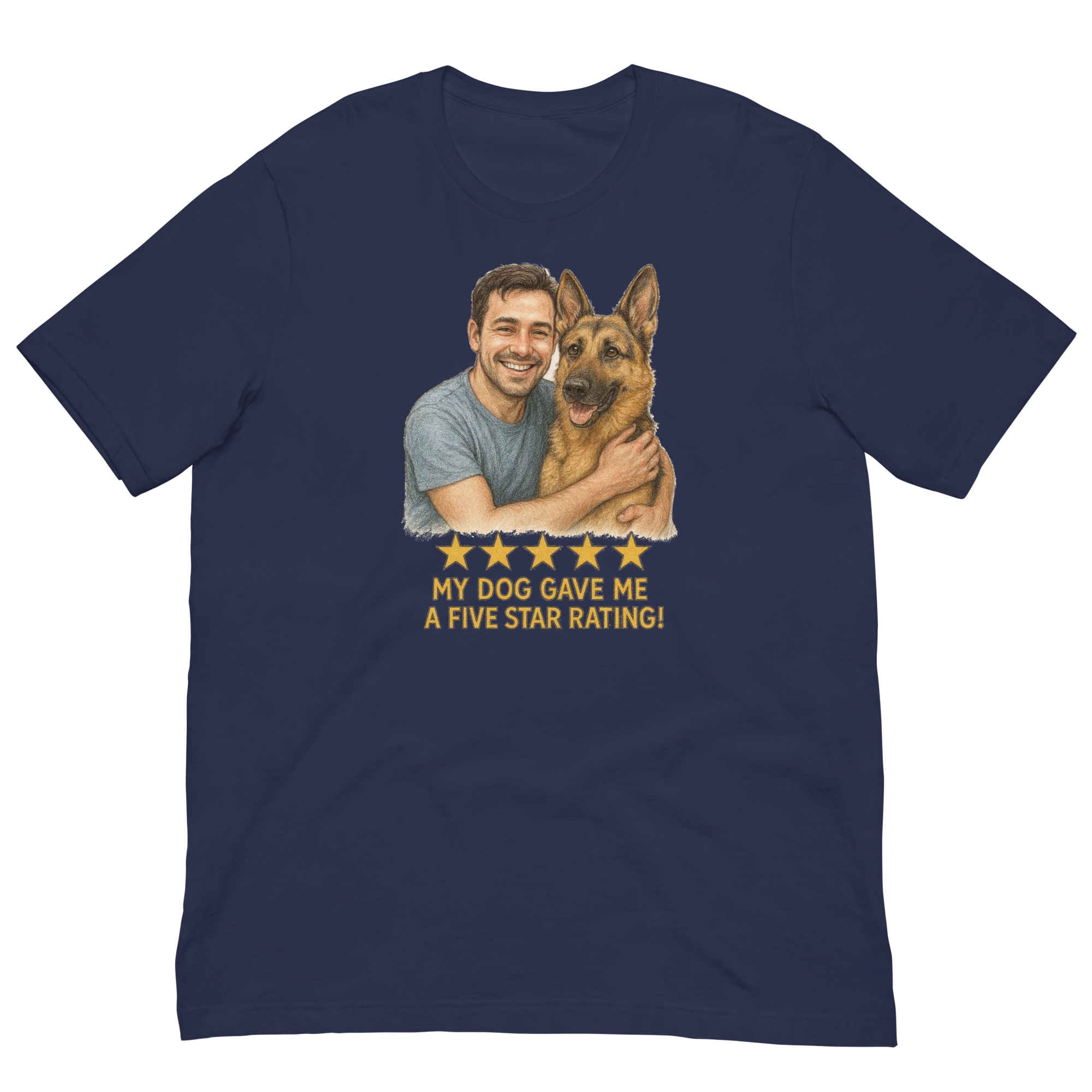 Brunette Man with German Shepherd graphic tee.