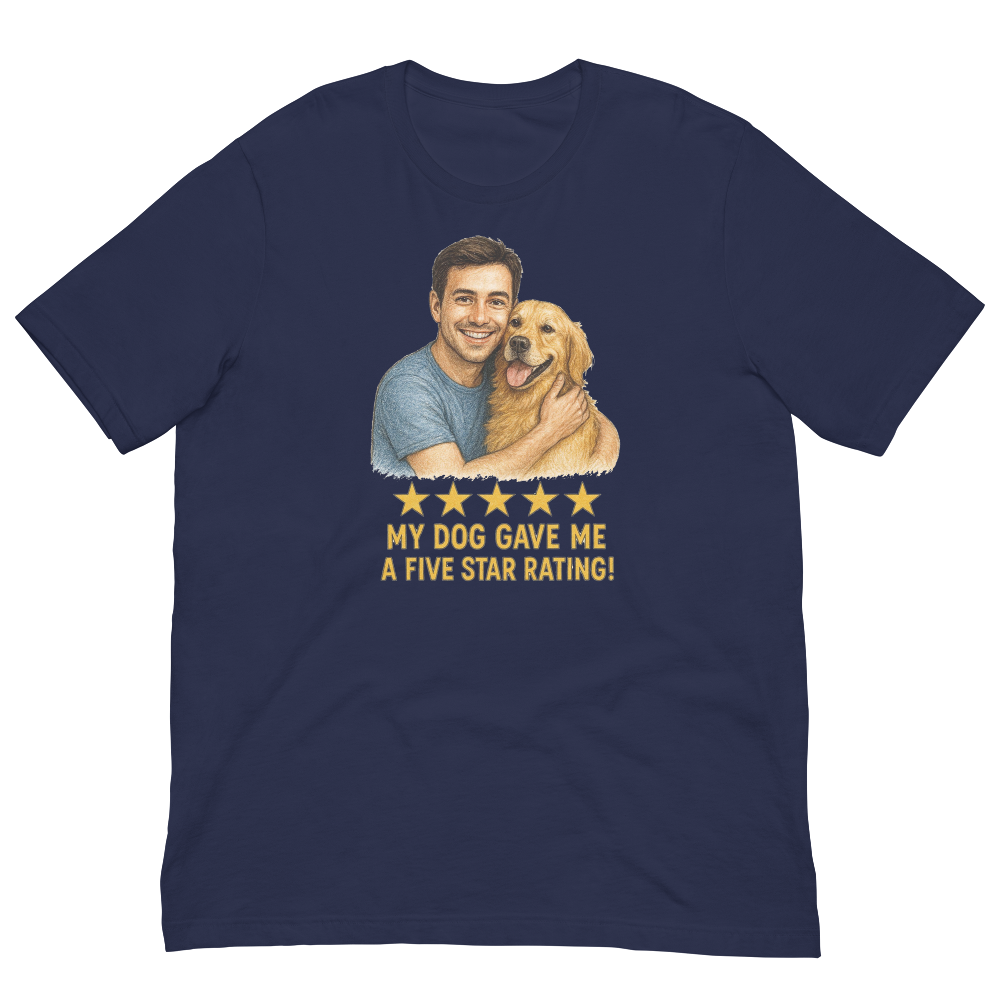 Brunette Man with Golden Retriever graphic tee.