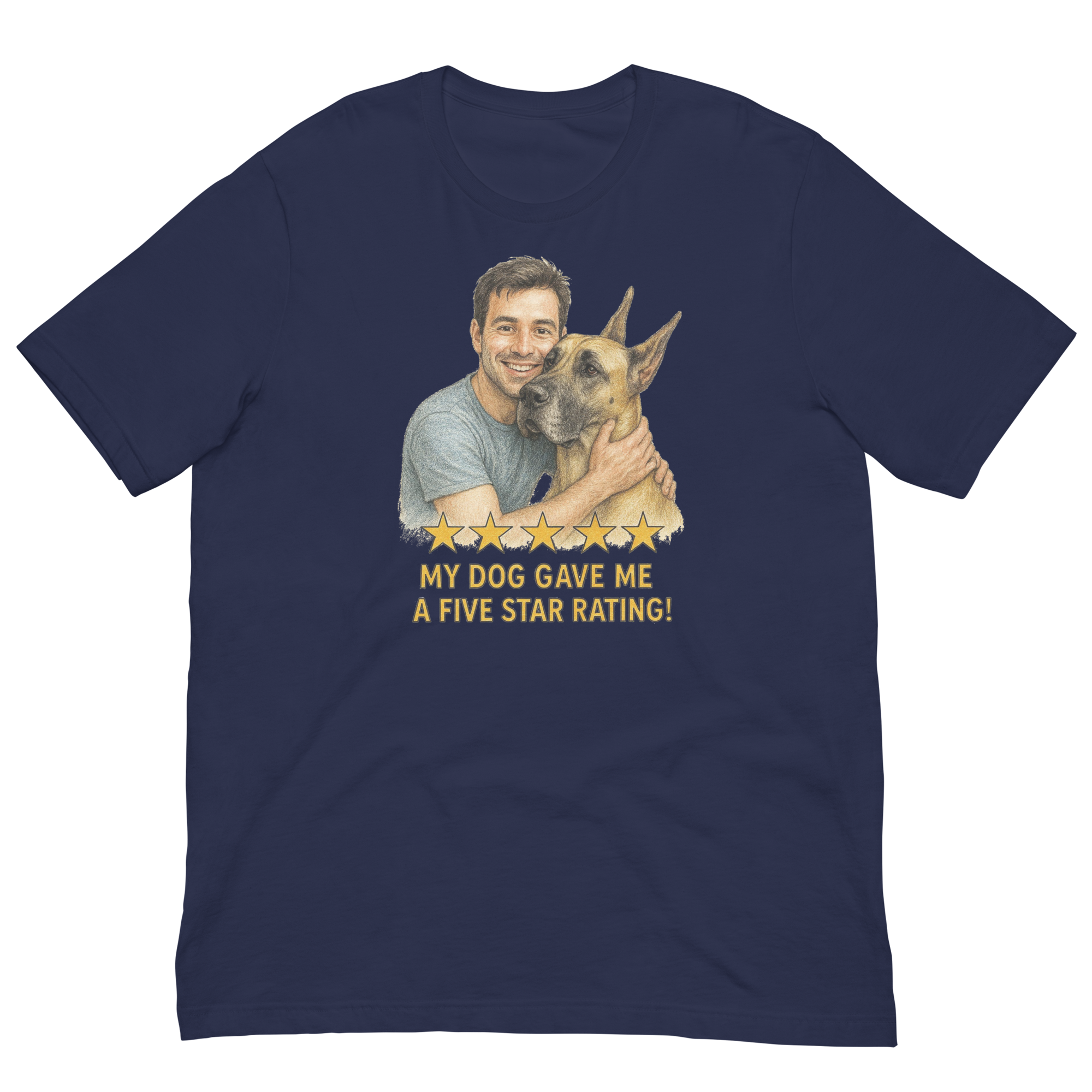 Brunette Man with Great Dane graphic tee.