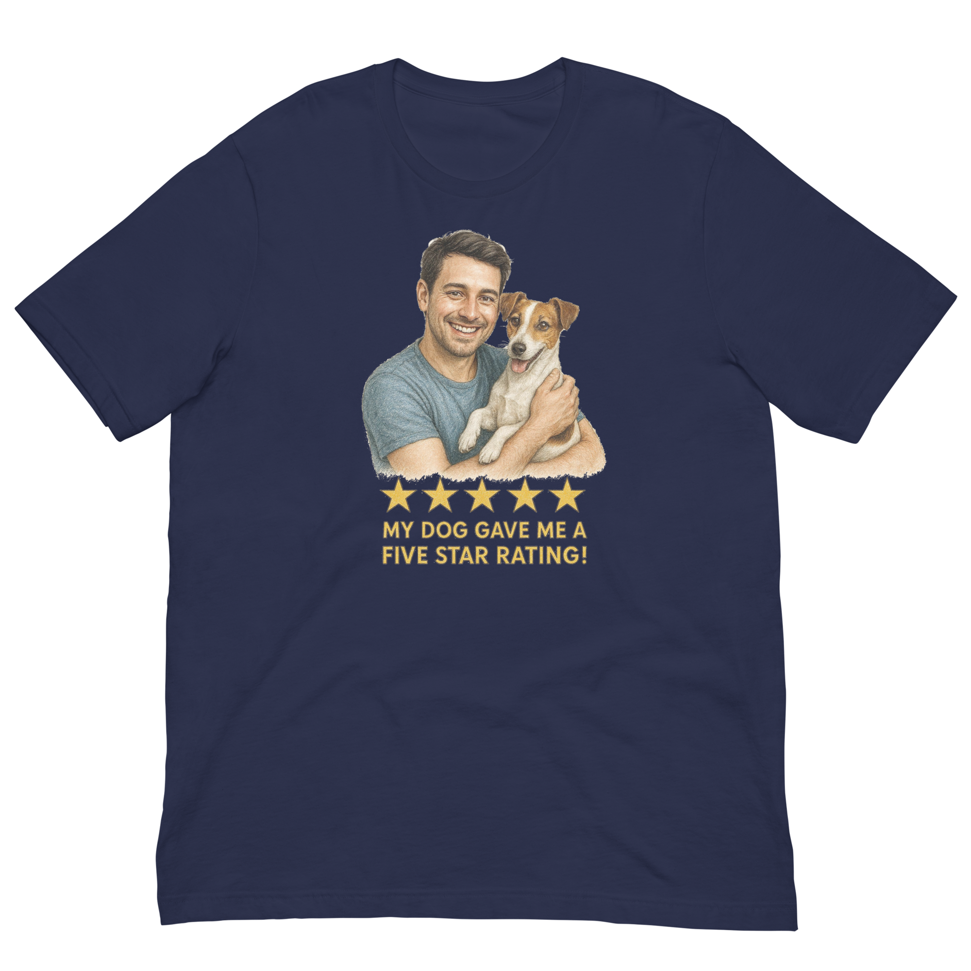 Brunette Man with Jack Russell Terrier graphic tee.
