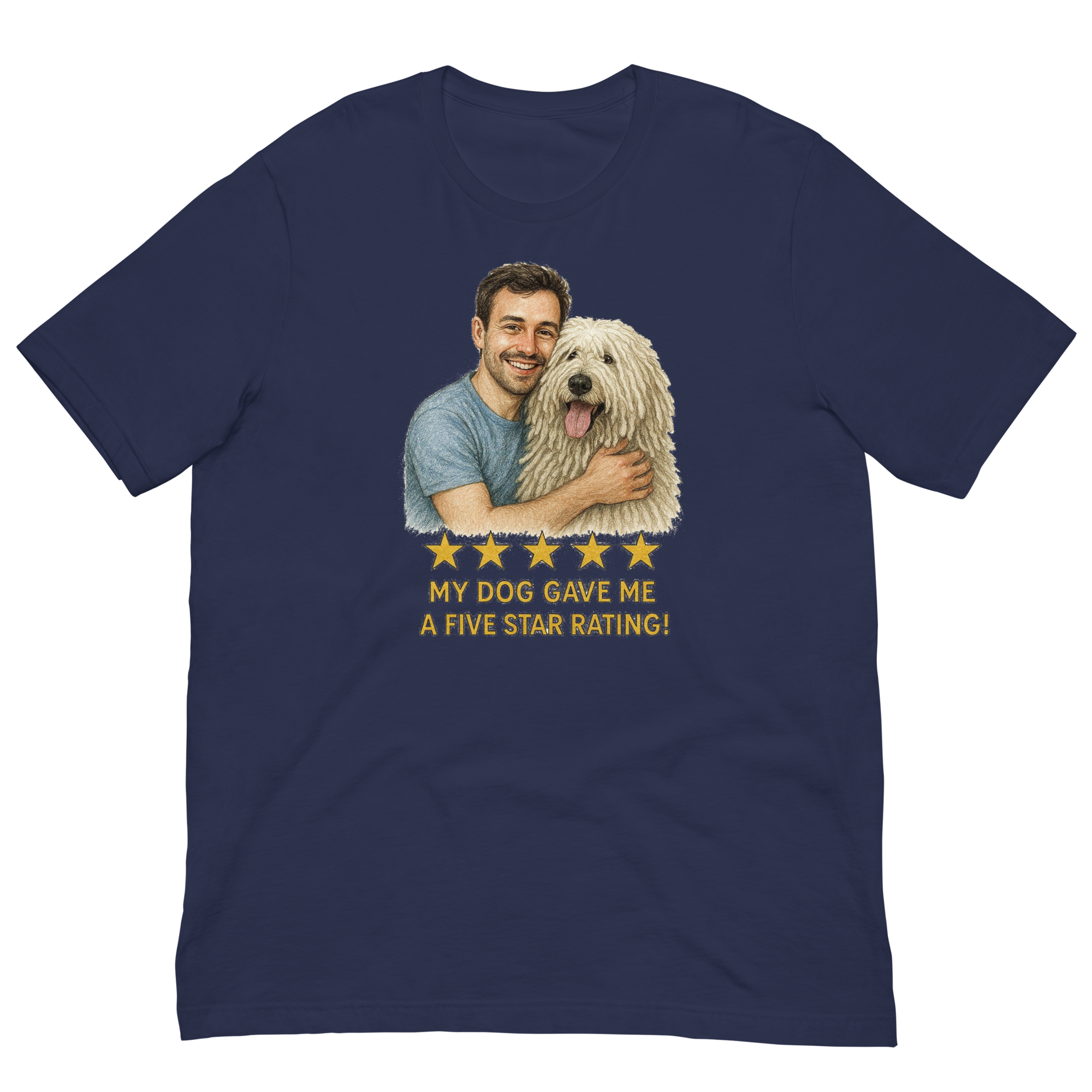 Brunette Man with Komondor graphic tee.