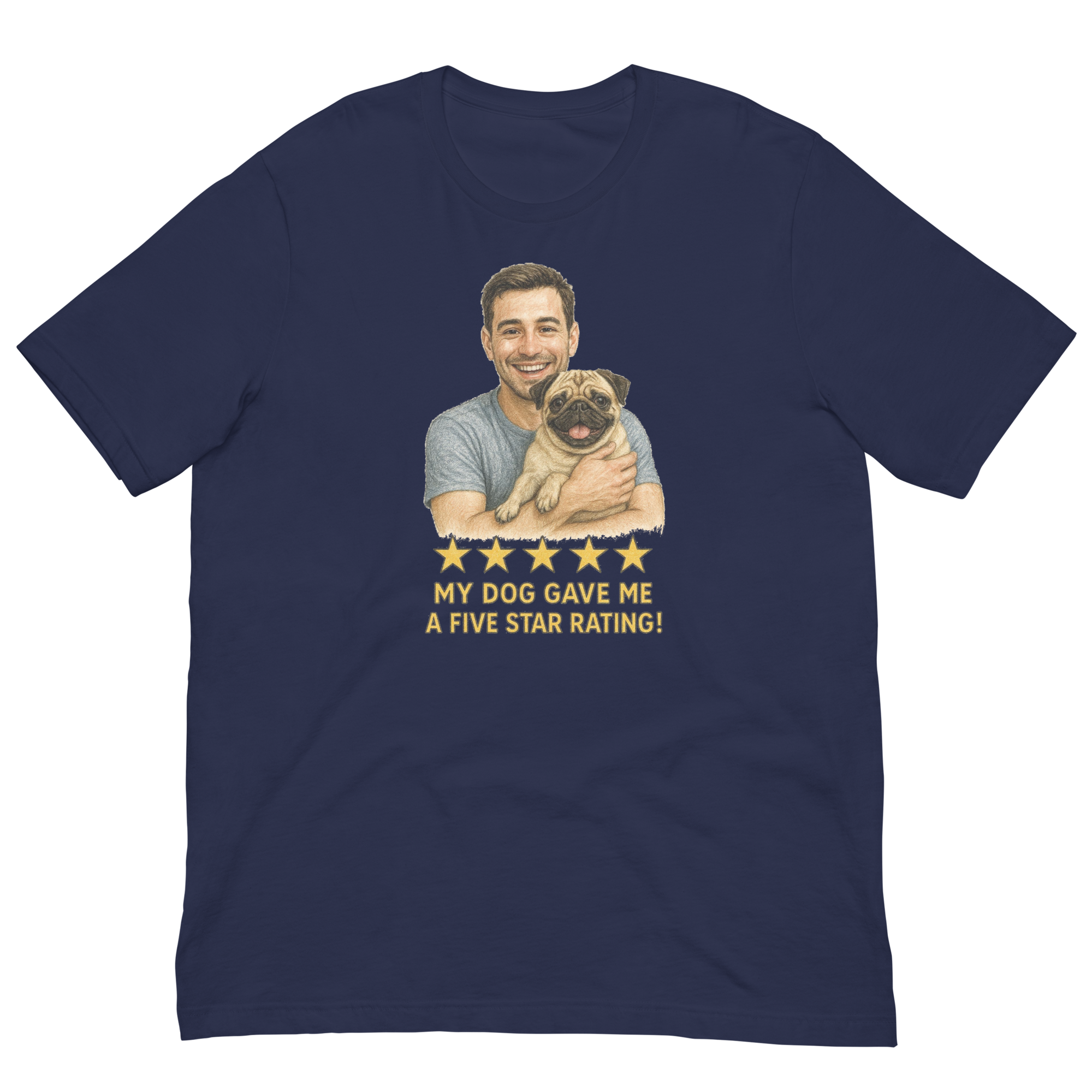 Brunette Man with Pug graphic tee.