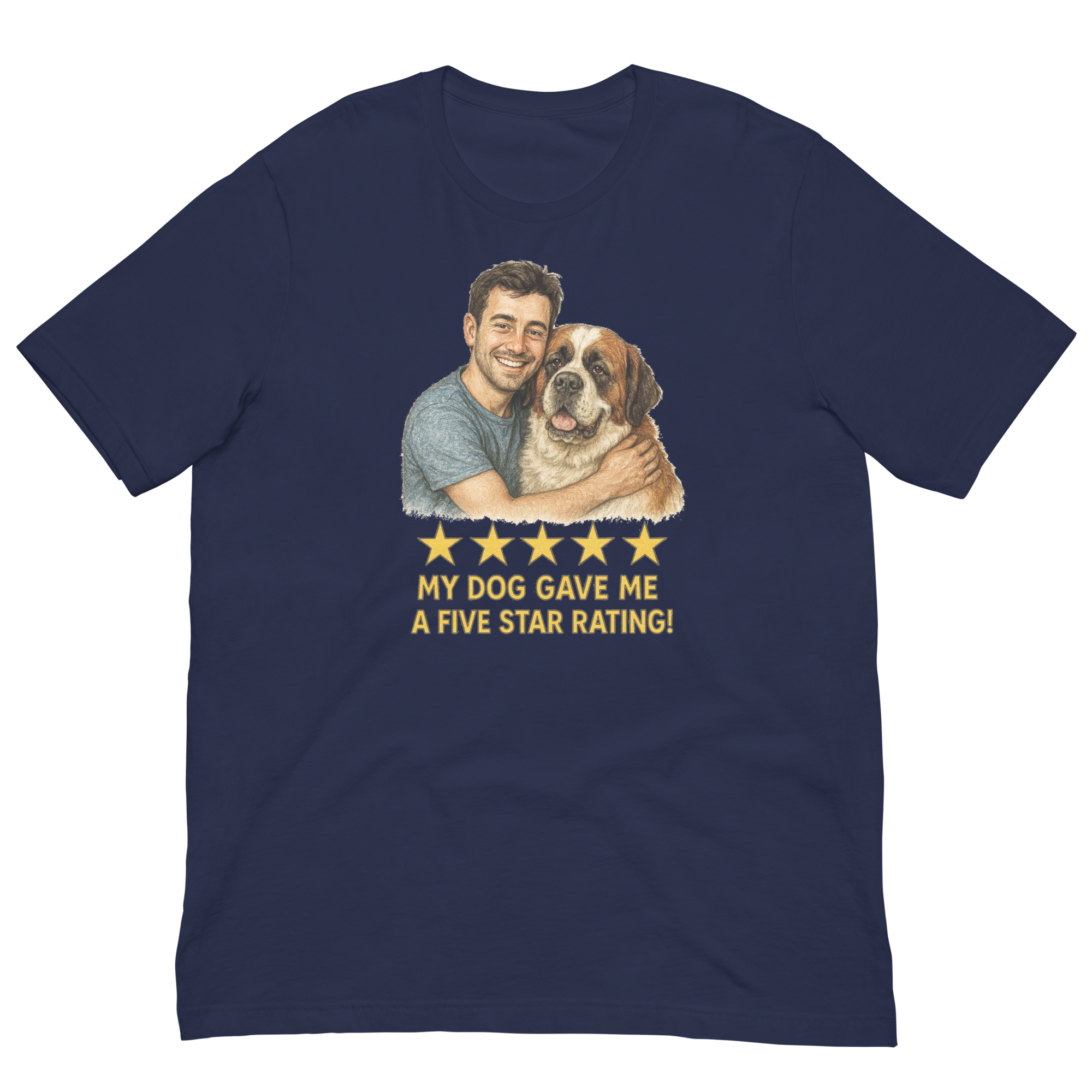 Brunette Man with Saint Bernard graphic tee.