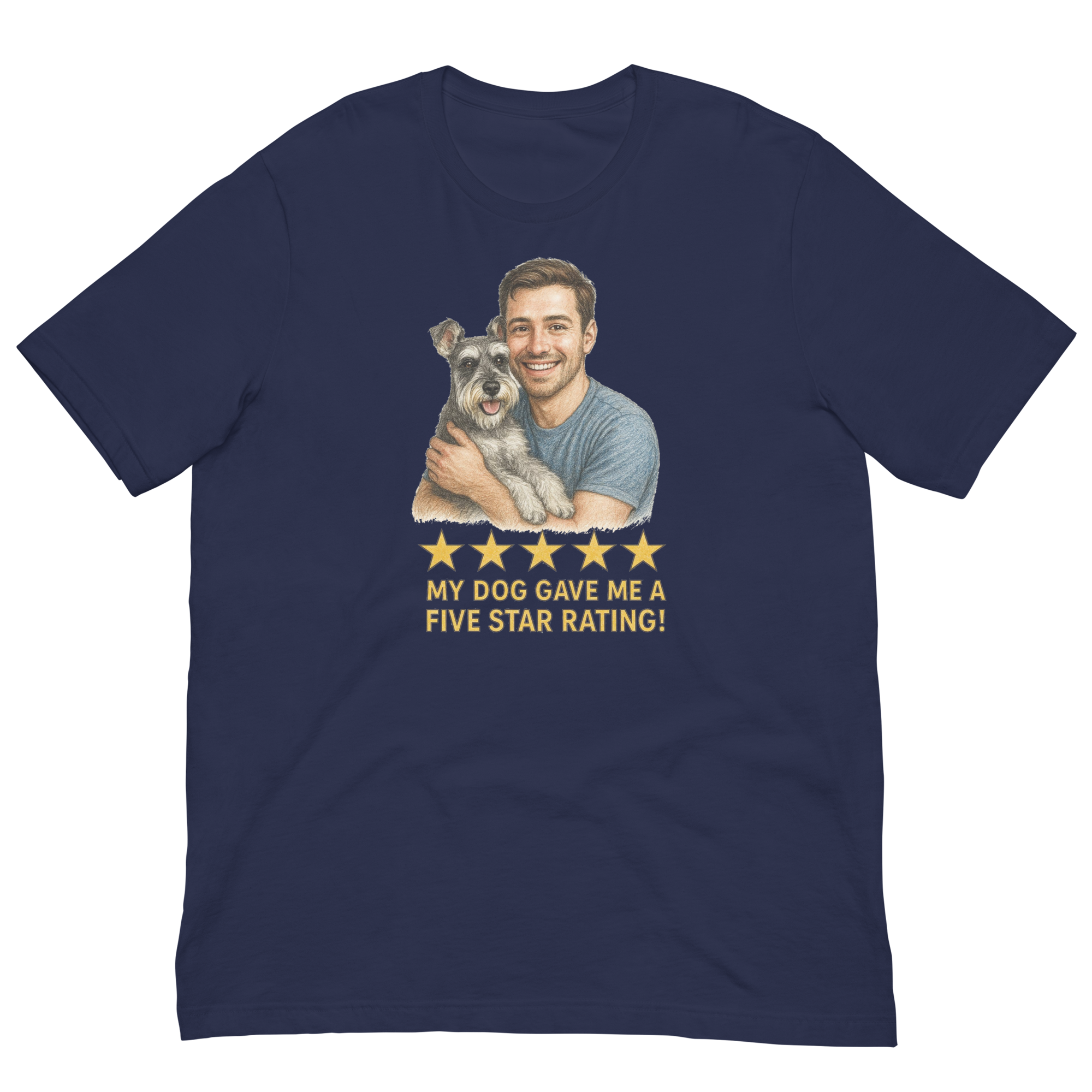 Brunette Man with Schnauzer graphic tee.