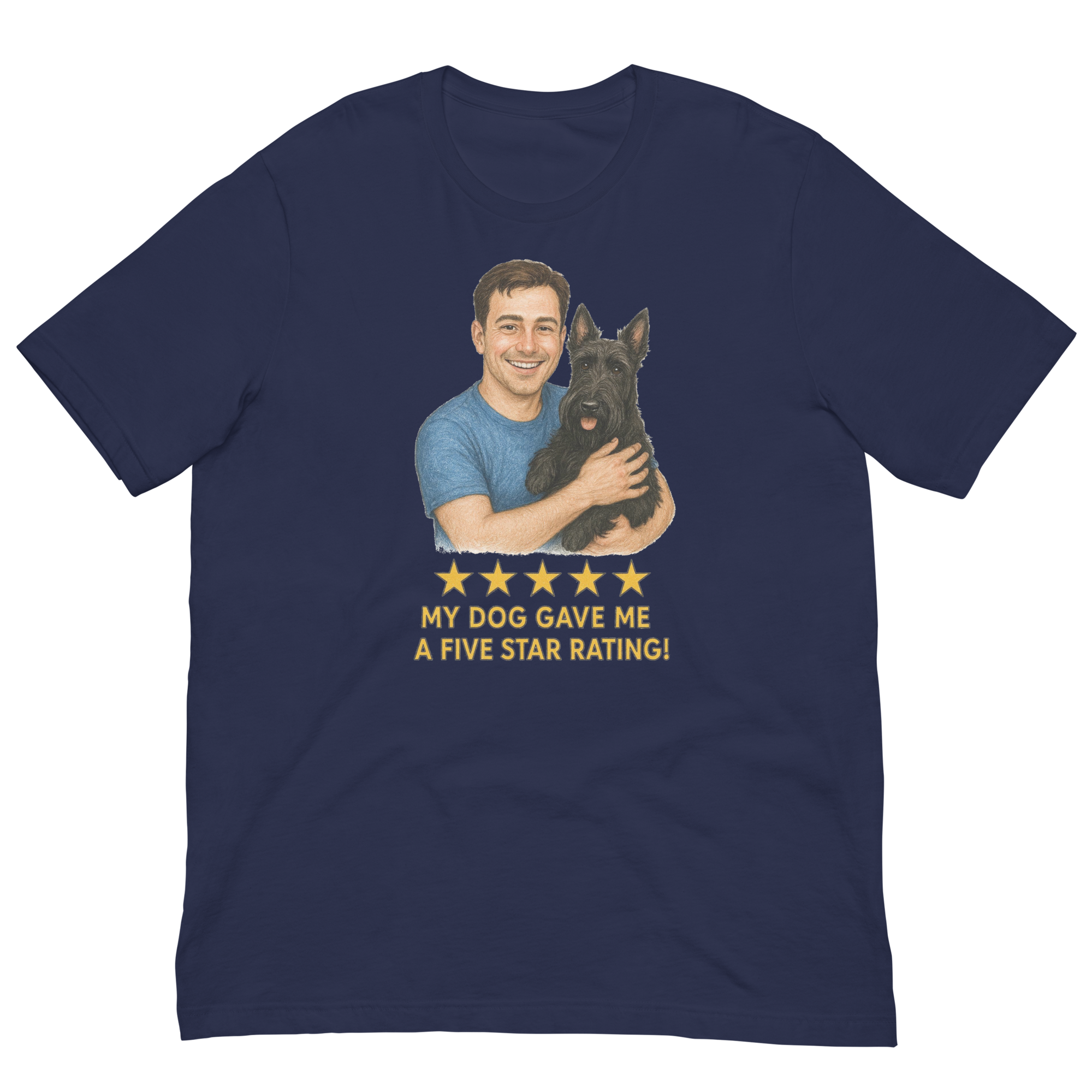 Brunette Man with Scottie graphic tee.