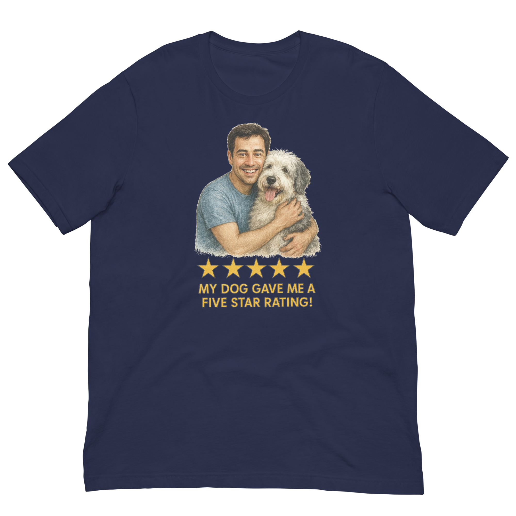 Brunette Man with Sheepdog graphic tee.