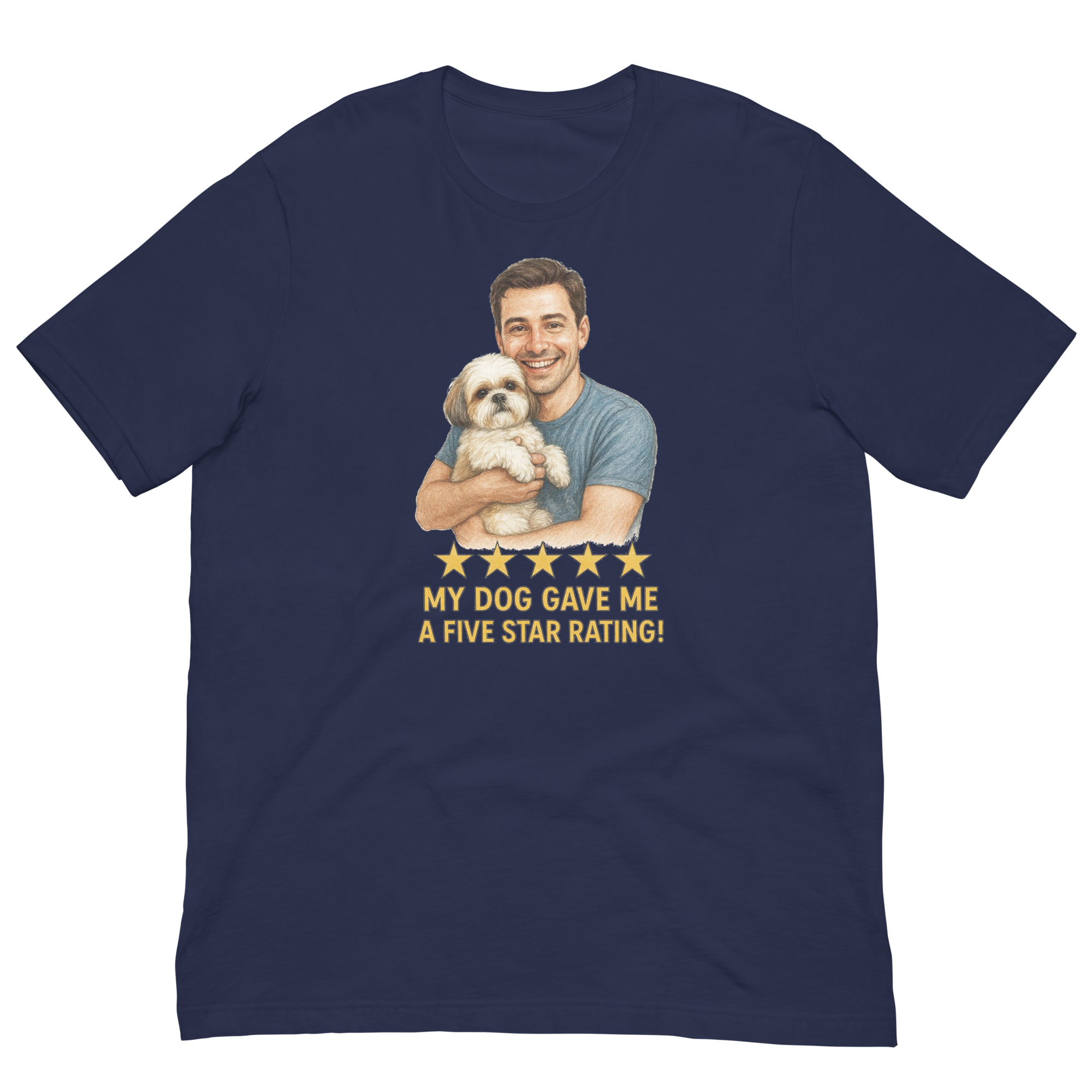 Brunette Man with Shih Tzu graphic tee.