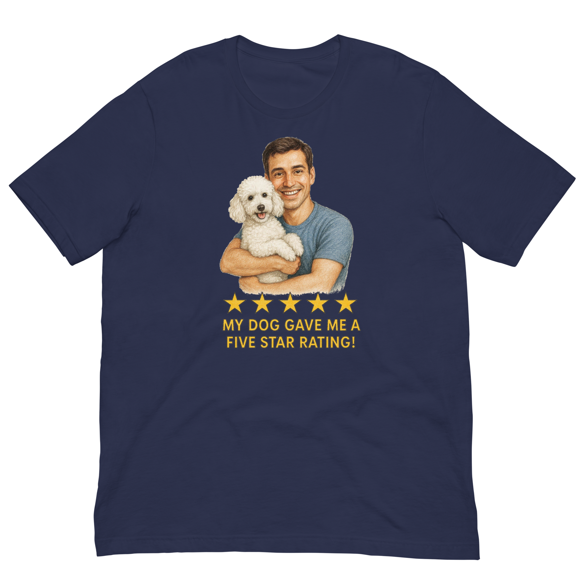 Brunette Man with White Poodle graphic tee.