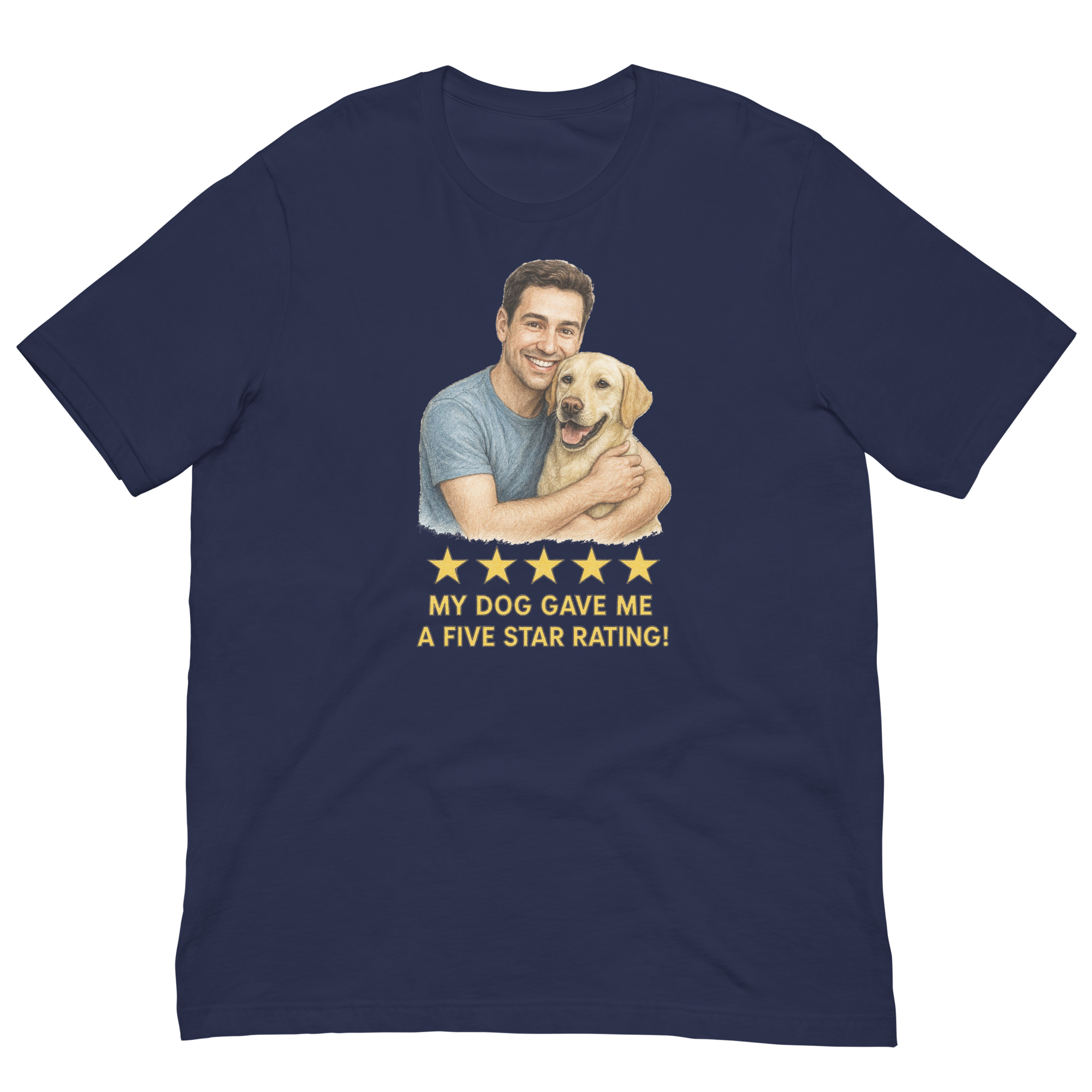 Brunette Man with Yellow Labrador graphic tee.