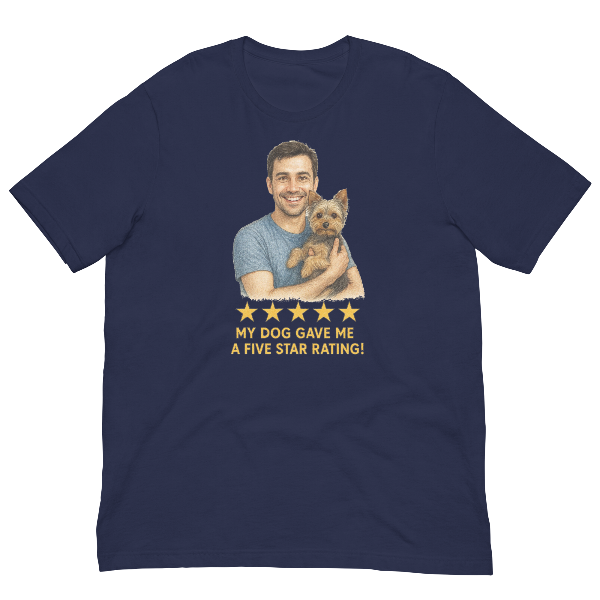 Brunette Man with Yorkie graphic tee.