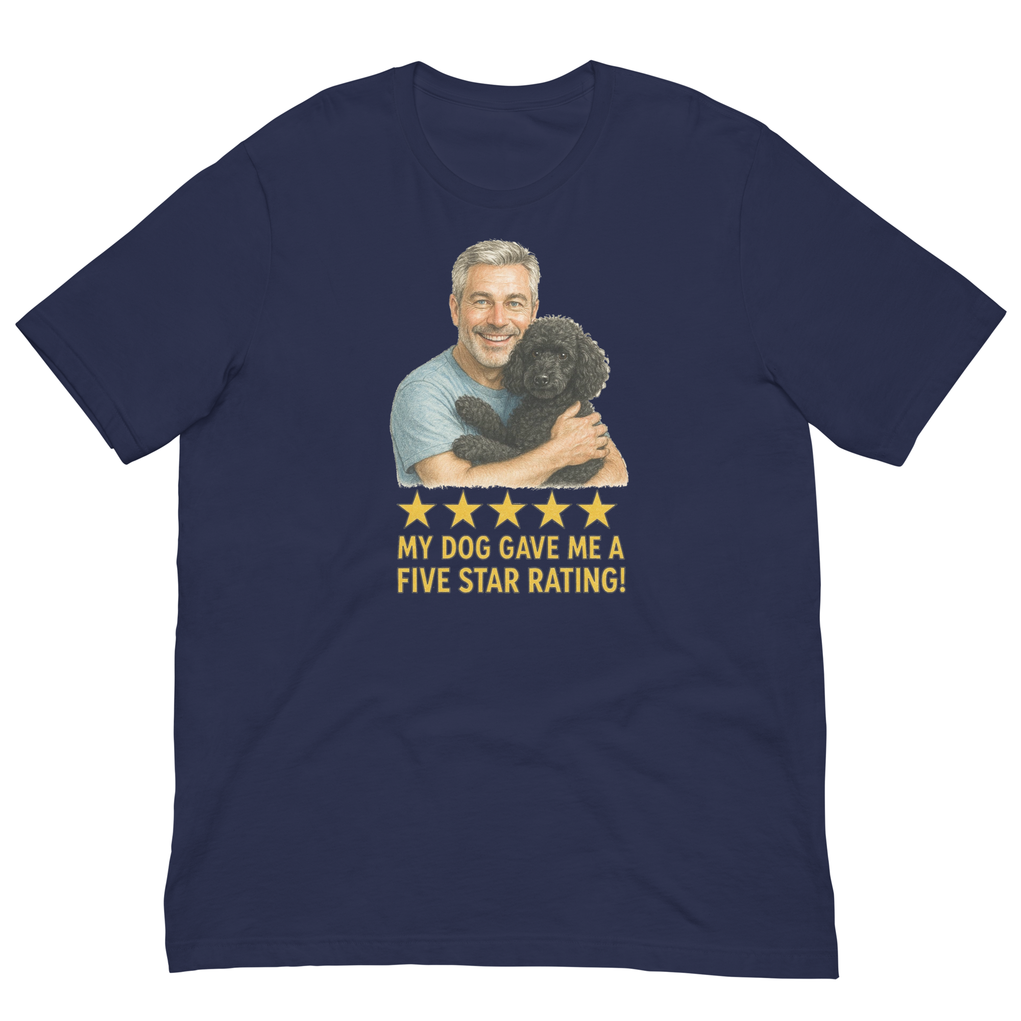 Salt & Pepper Man with Black Poodle graphic tee.