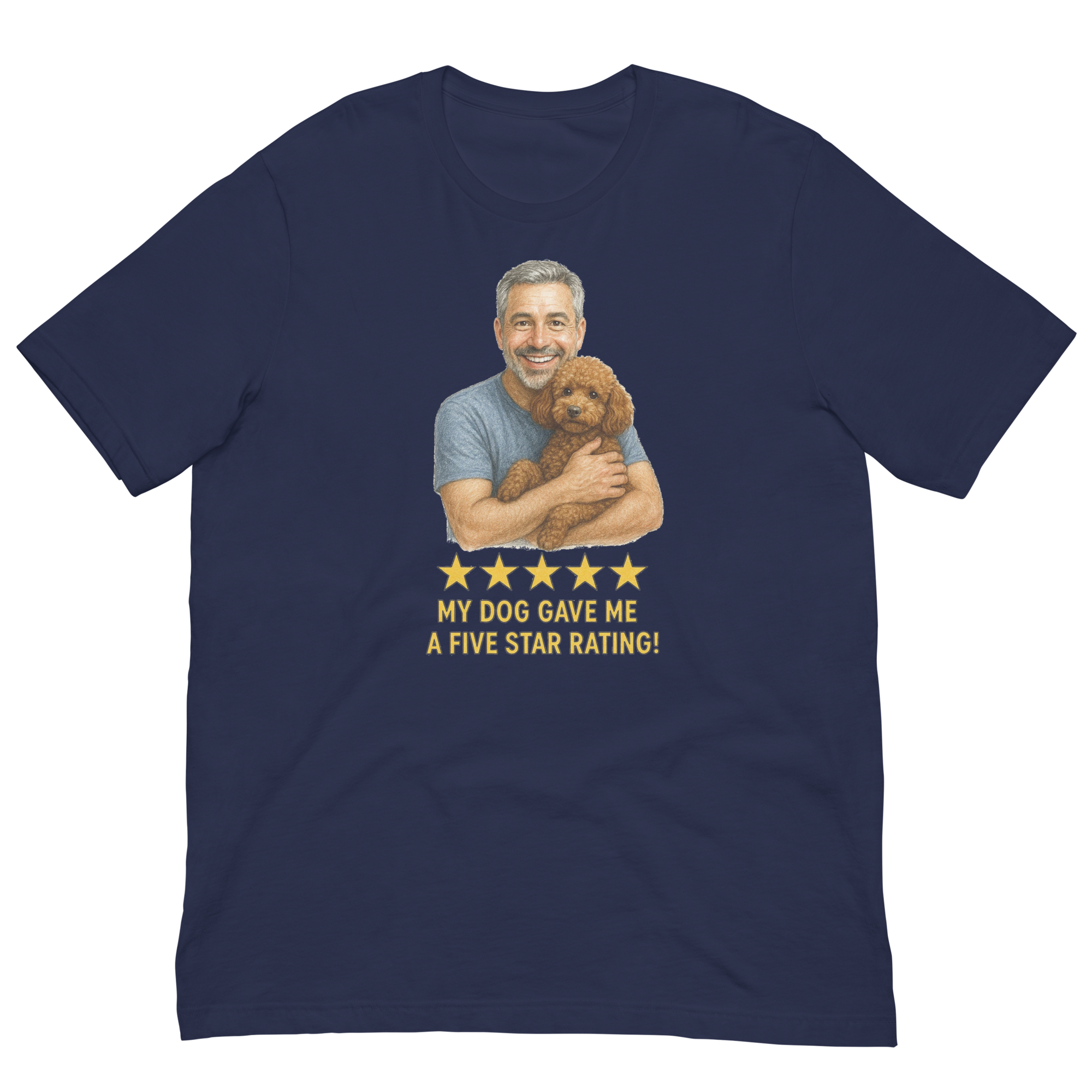 Salt & Pepper Man with Brown Poodle graphic tee.