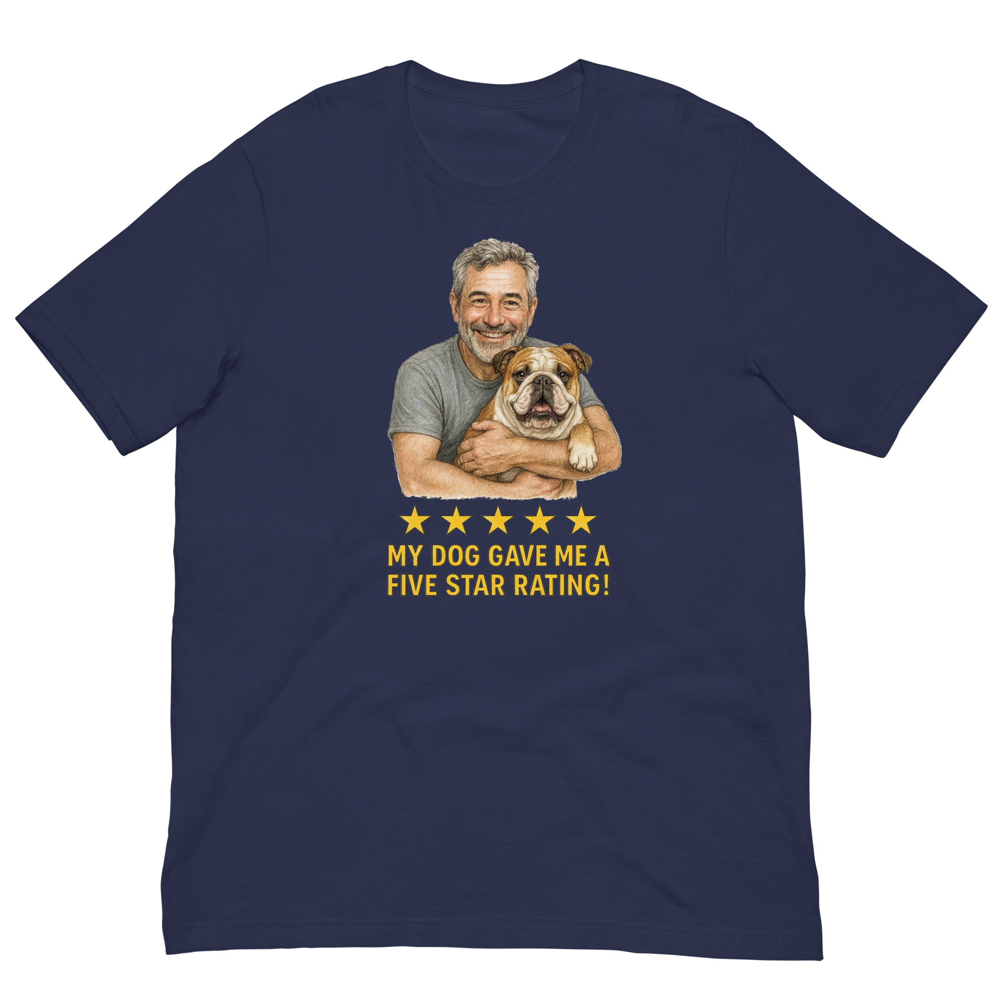 Salt & Pepper Man with Bulldog graphic tee.