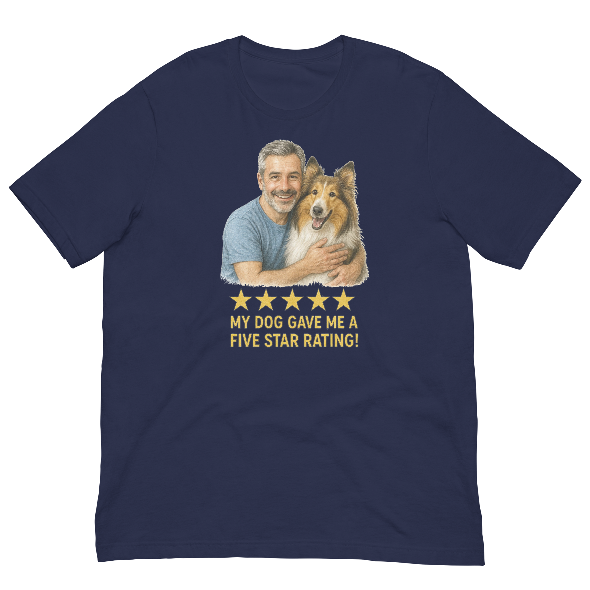 Salt & Pepper Man with Collie graphic tee.