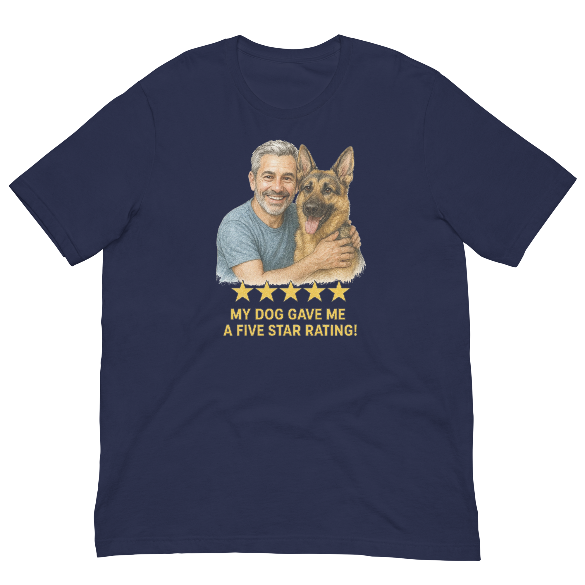 Salt & Pepper Man with German Shepherd graphic tee.
