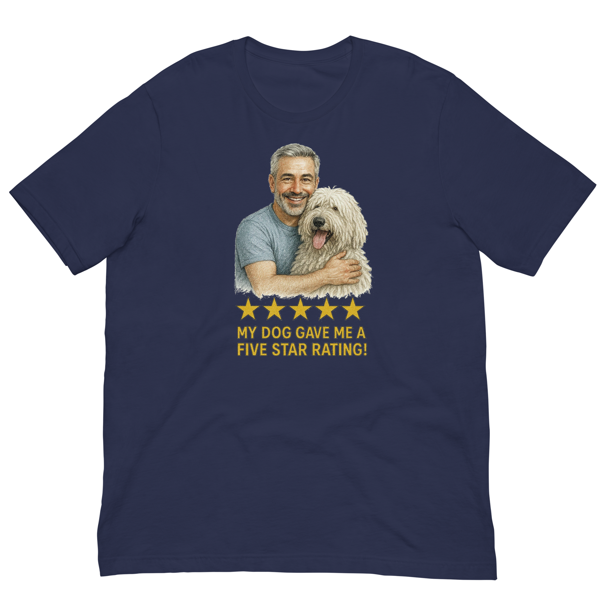 Salt & Pepper Man with Komondor graphic tee.