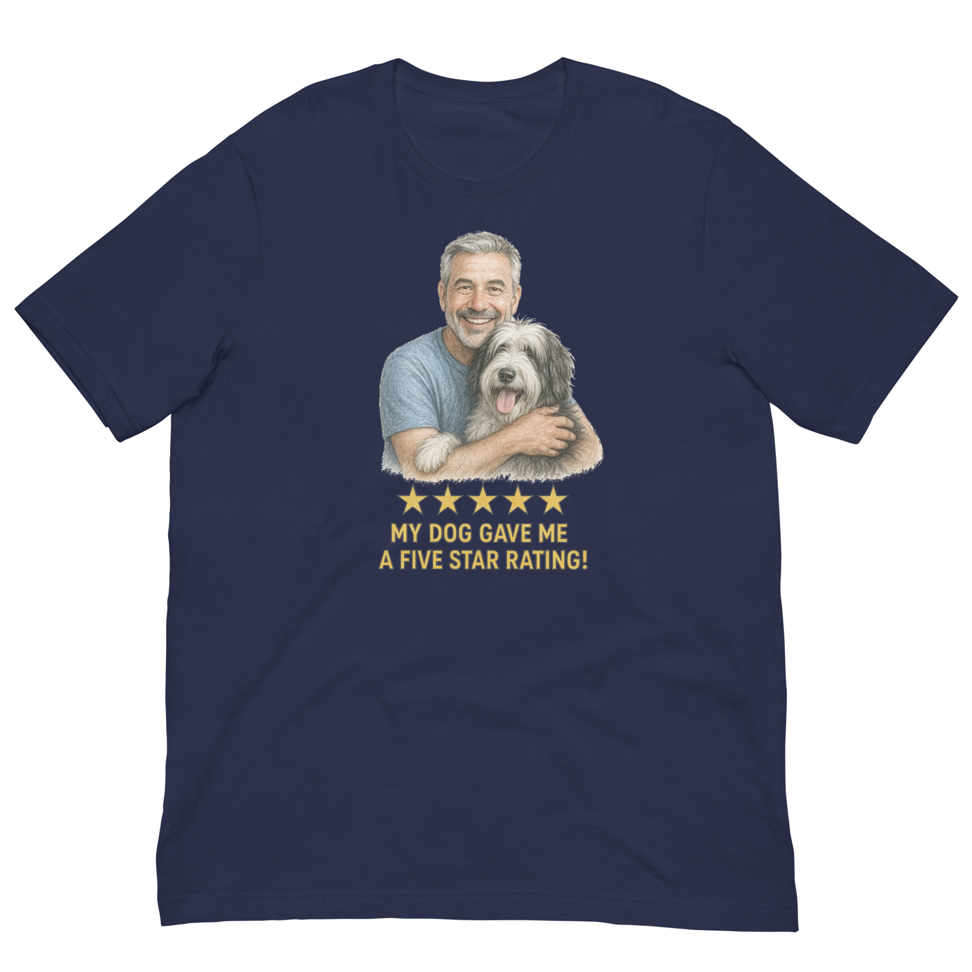 Salt & Pepper Man with Sheepdog graphic tee.