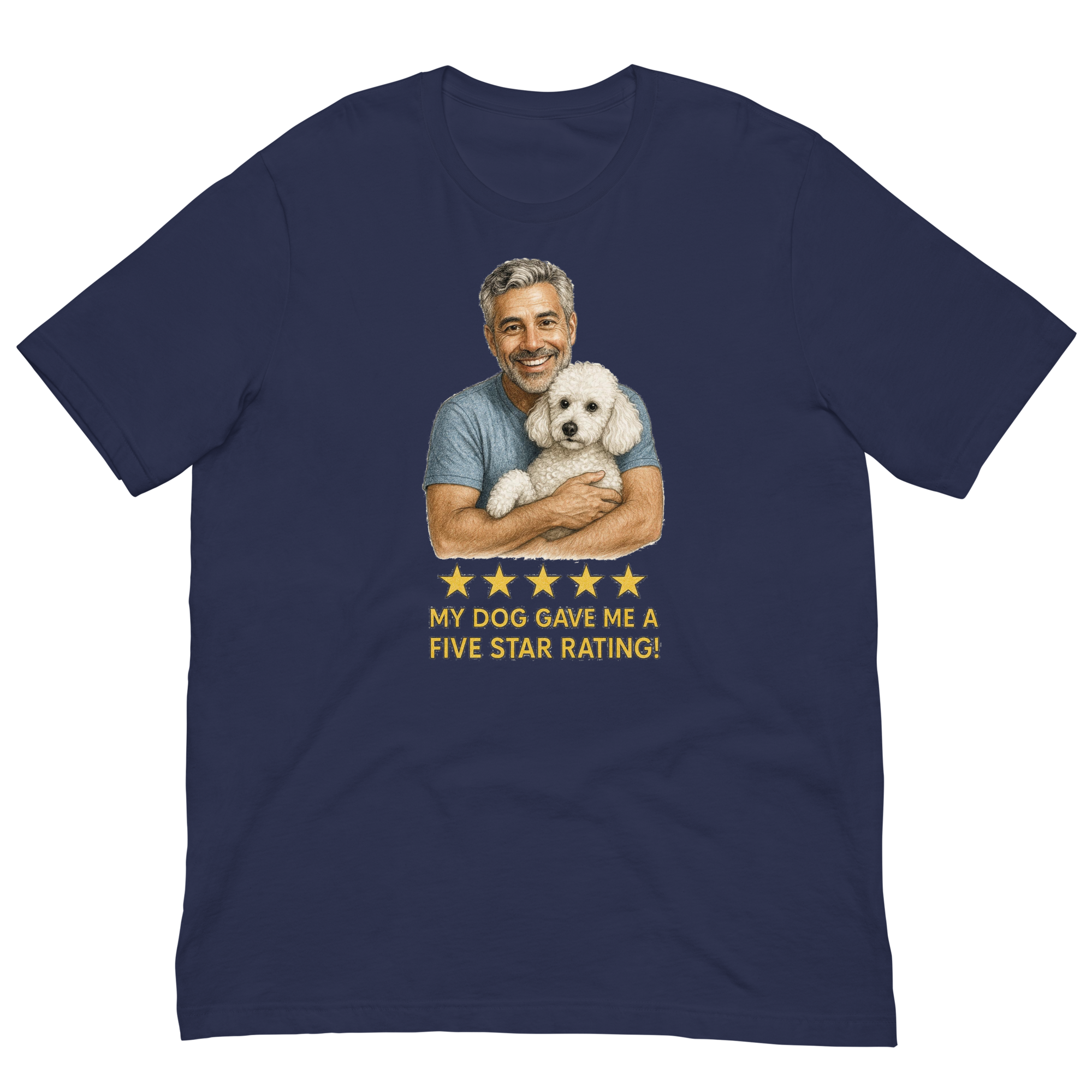 Salt & Pepper Man with White Poodle graphic tee.