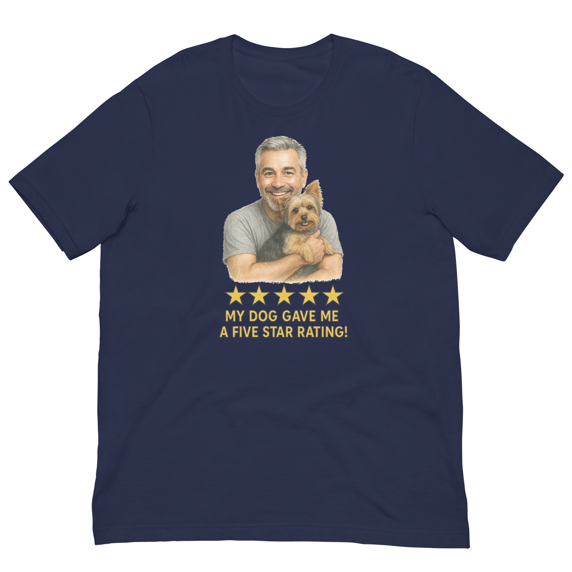Salt & Pepper Man with Yorkie graphic tee.