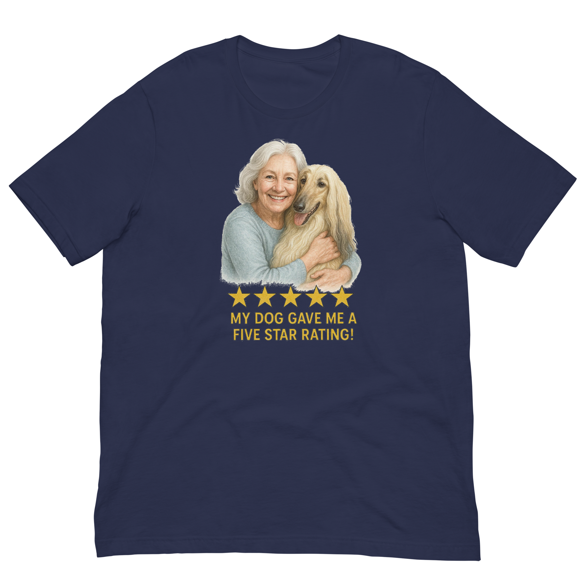 White Hair Woman with Afghan Hound graphic tee.