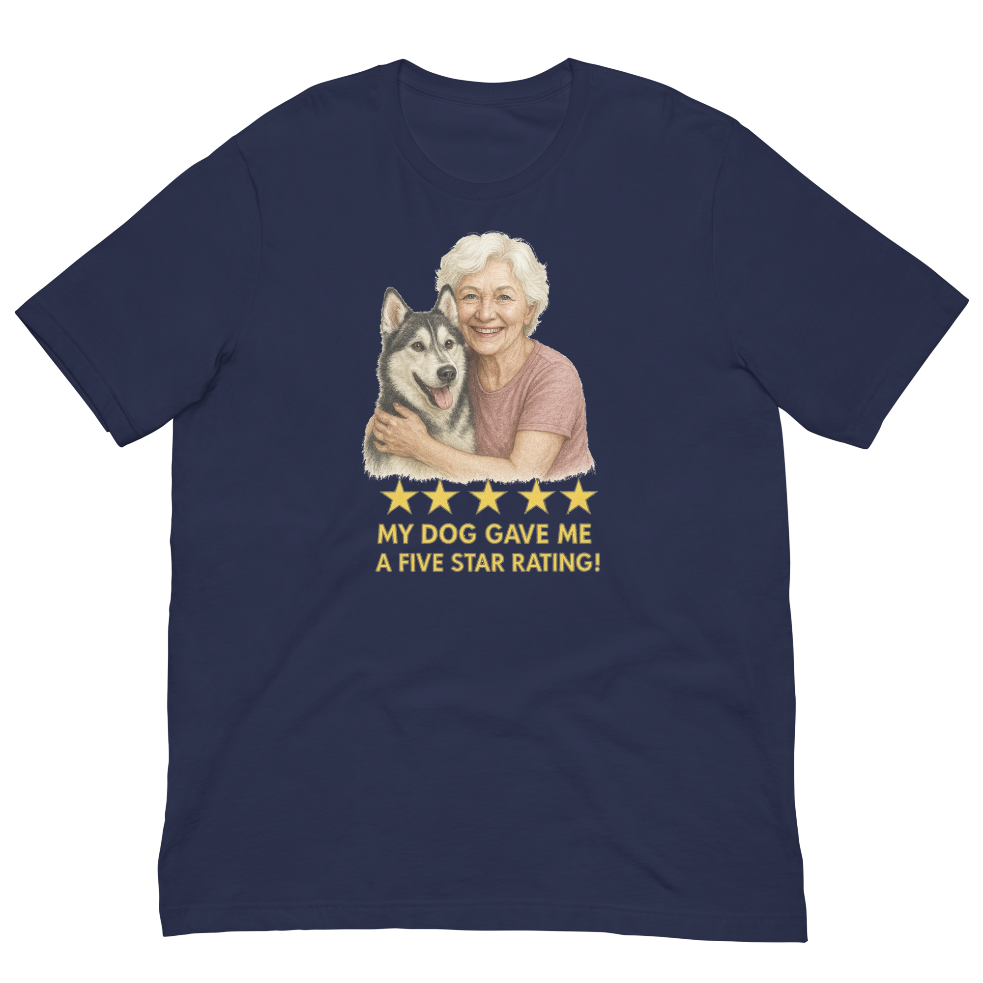 White Hair Woman with Alaskan Husky graphic tee.