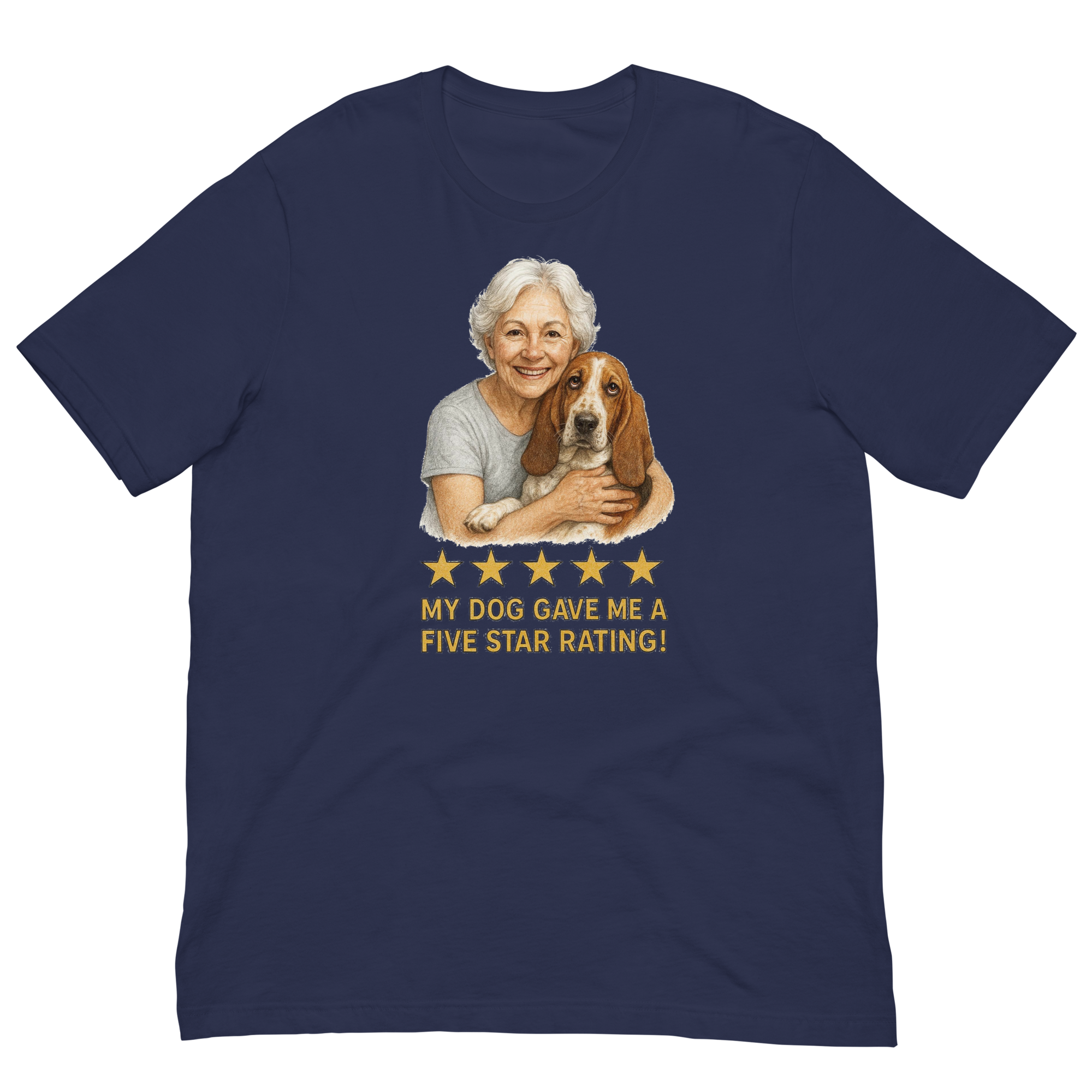 White Hair Woman with Basset Hound graphic tee.