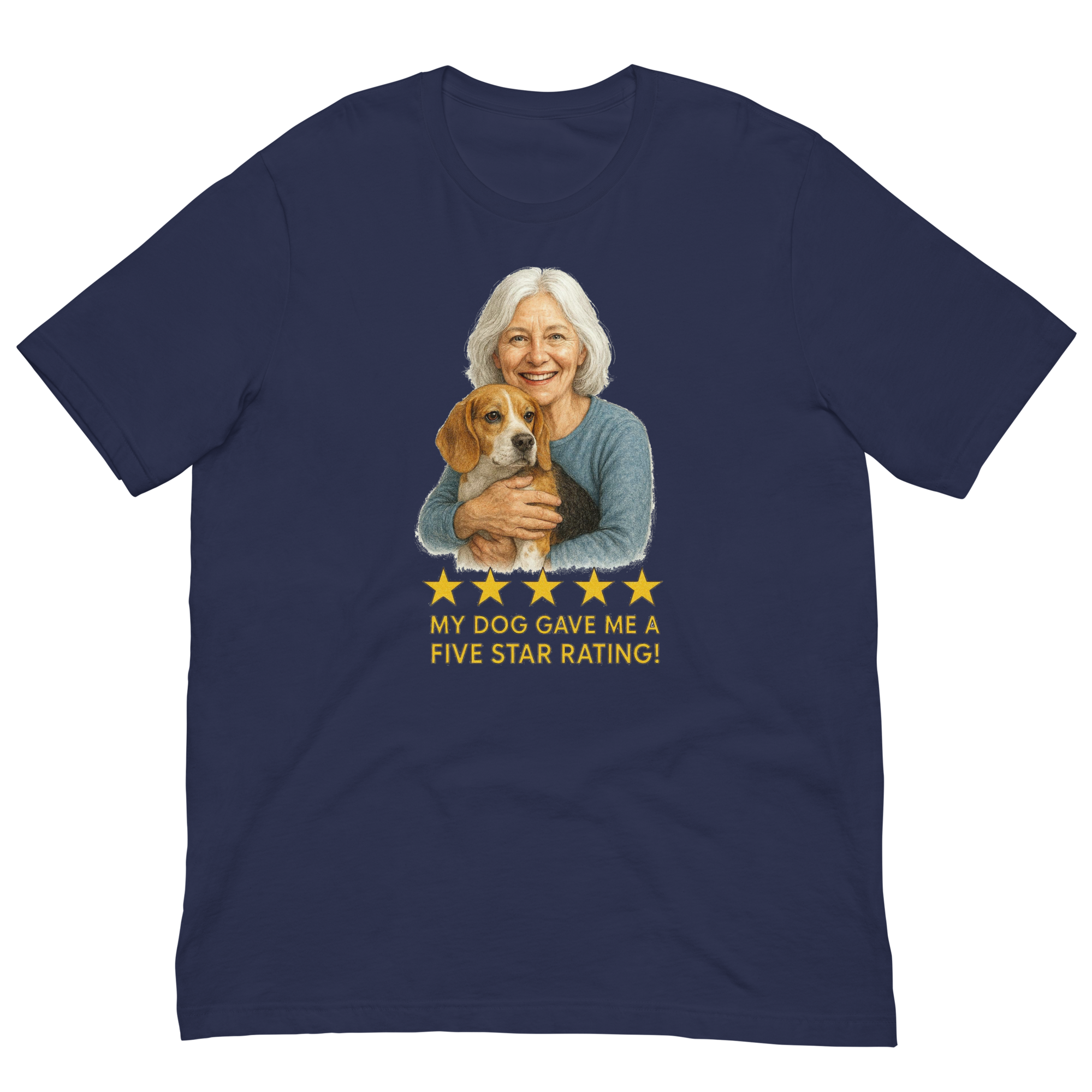 White Hair Woman with Beagle graphic tee.