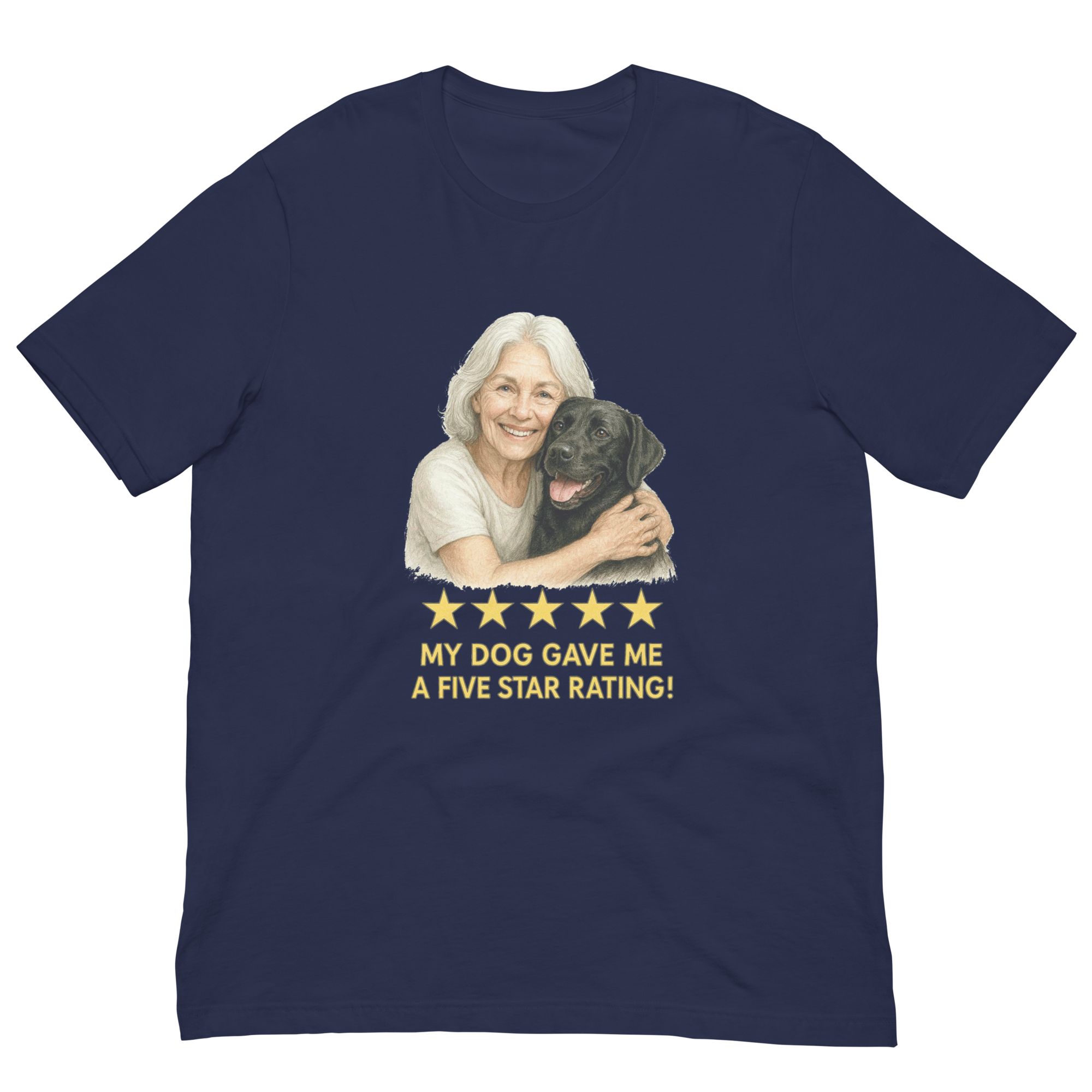 White Hair Woman with Black Labrador graphic tee.