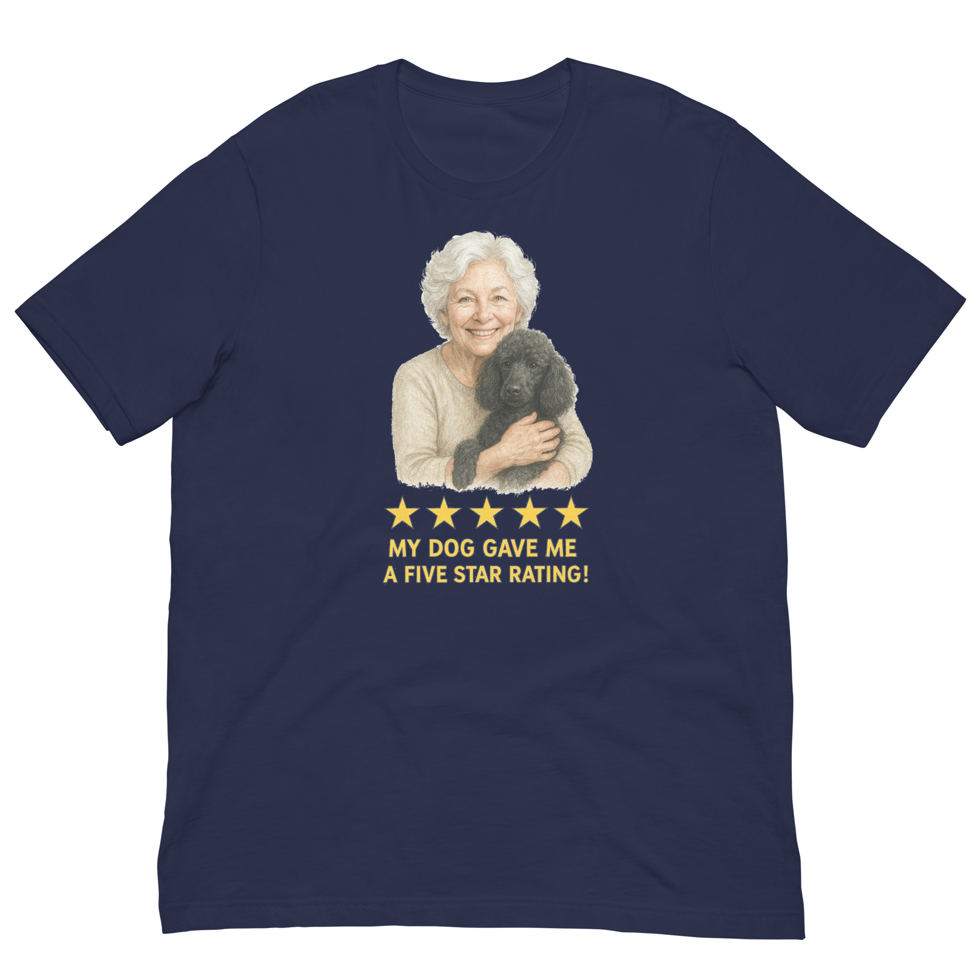 White Hair Woman with Black Poodle graphic tee.