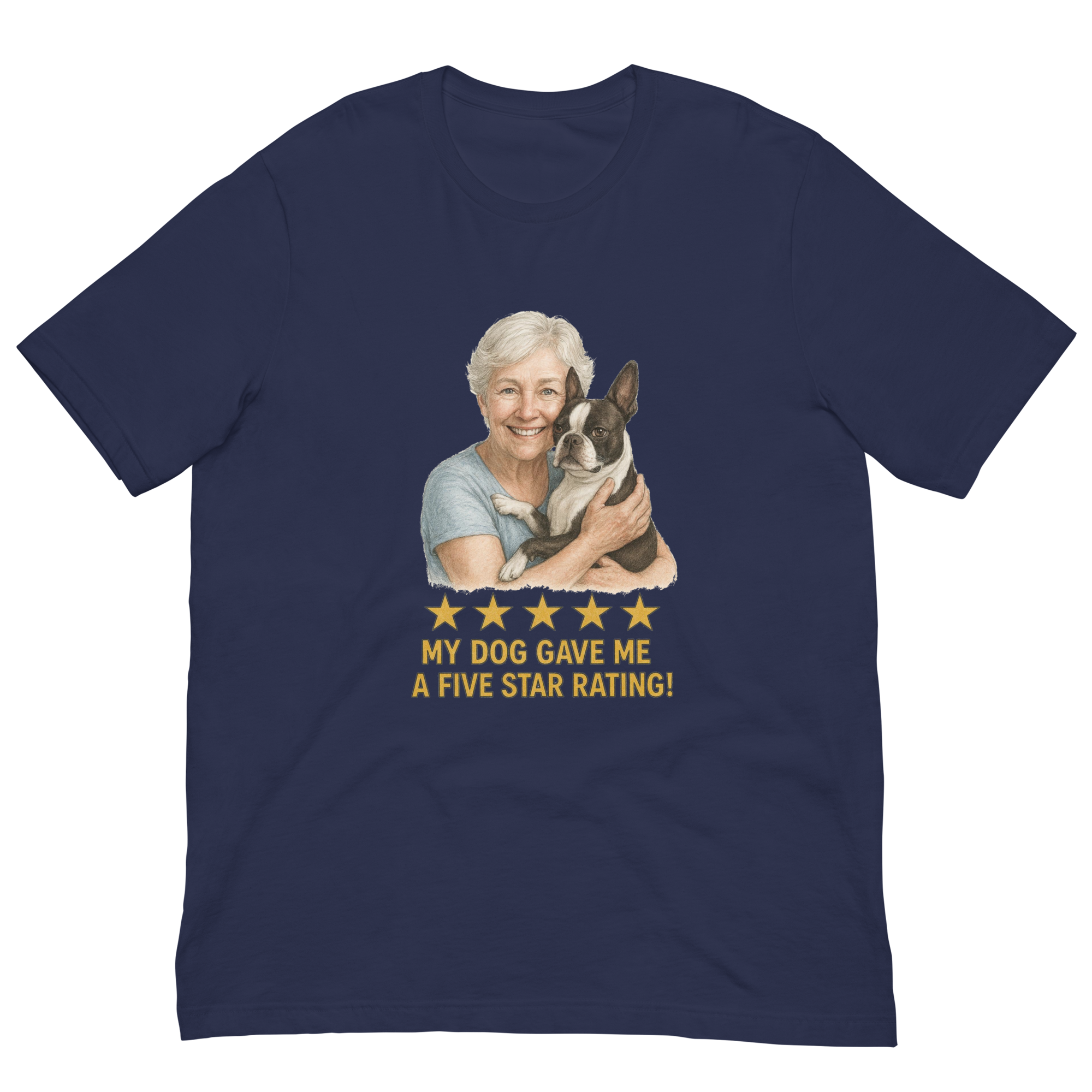 White Hair Woman with Boston Terrier graphic tee.