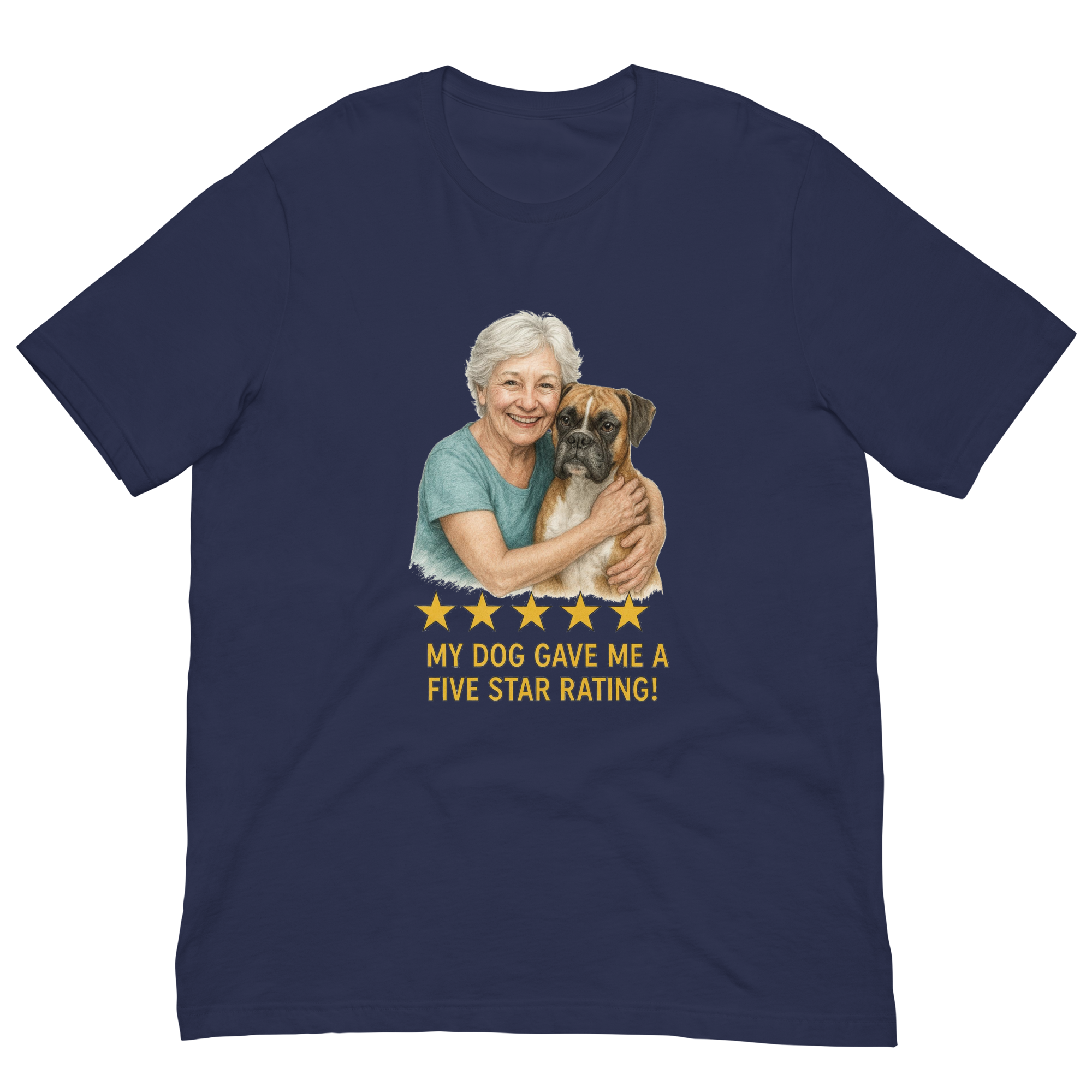 White Hair Woman with Boxer graphic tee.