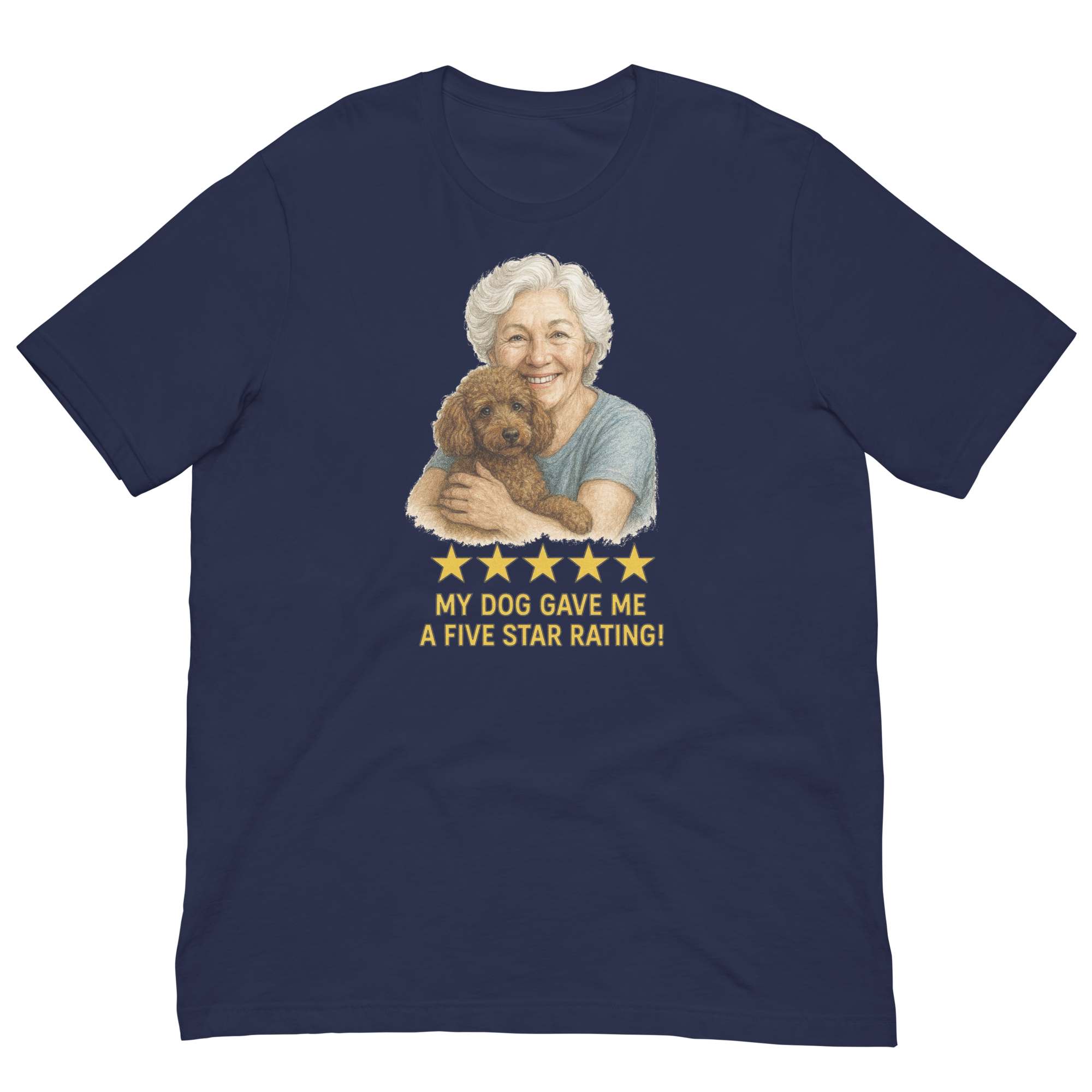 White Hair Woman with Brown Poodle graphic tee.