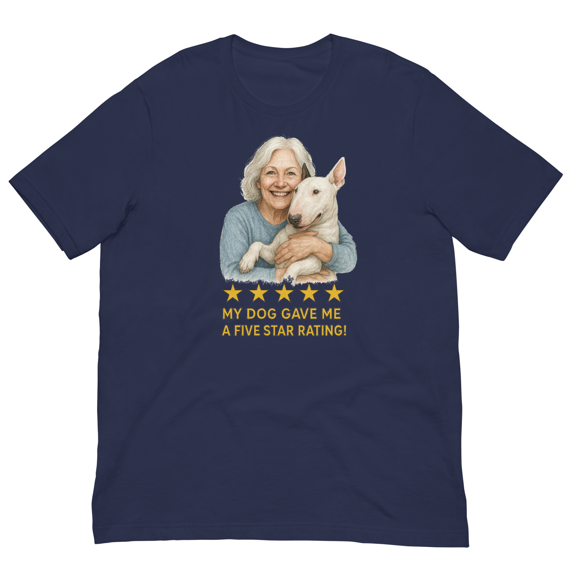 White Hair Woman with Bull Terrier graphic tee.