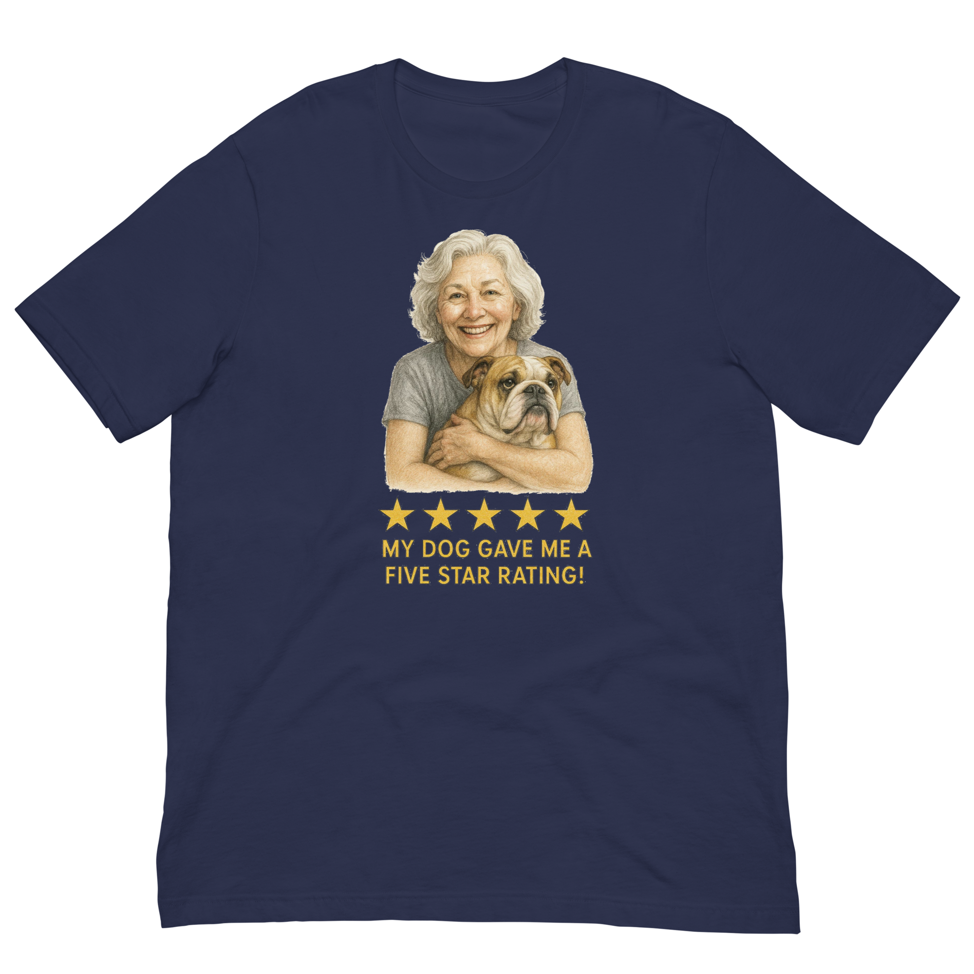 White Hair Woman with Bulldog graphic tee.