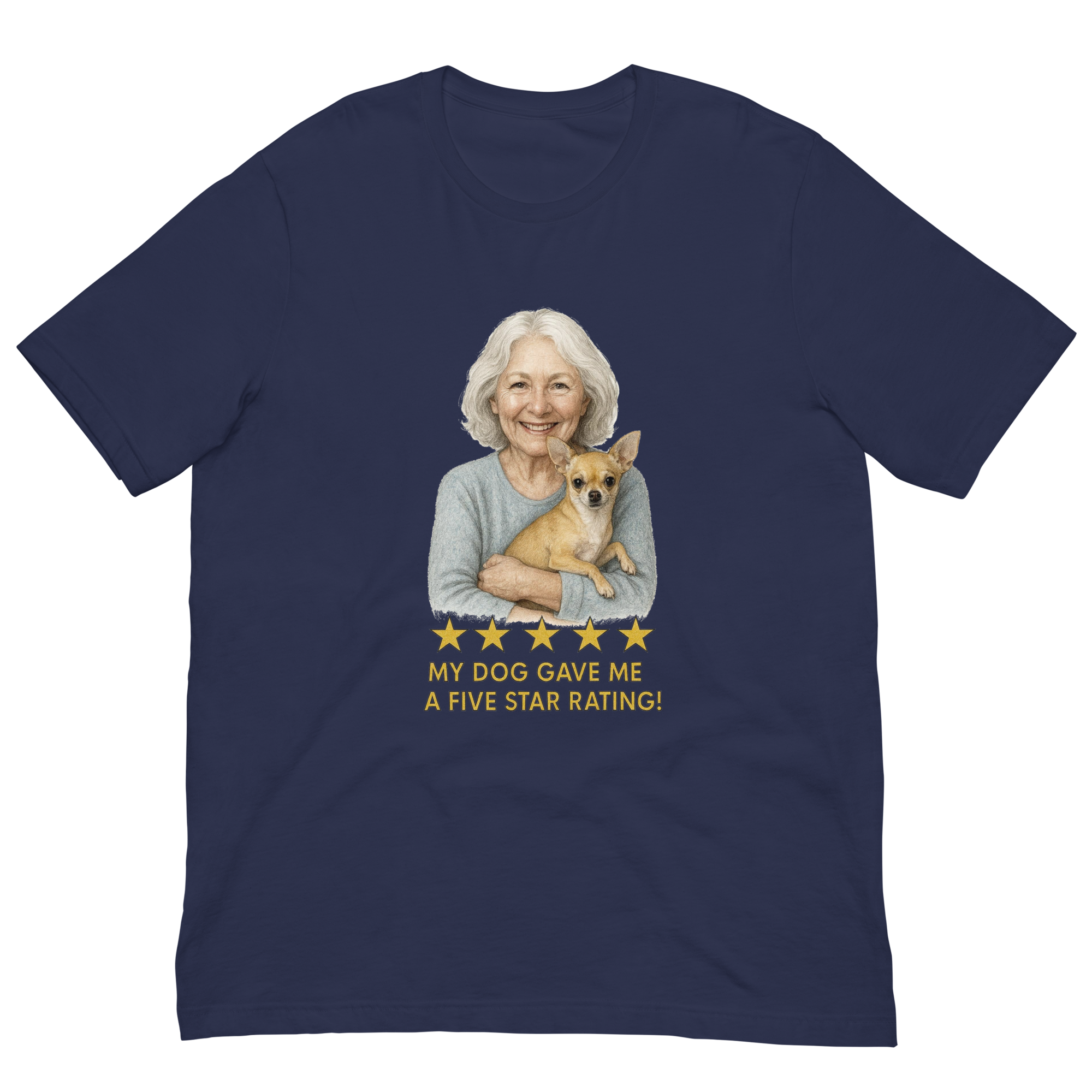 White Hair Woman with Chihuahua graphic tee.
