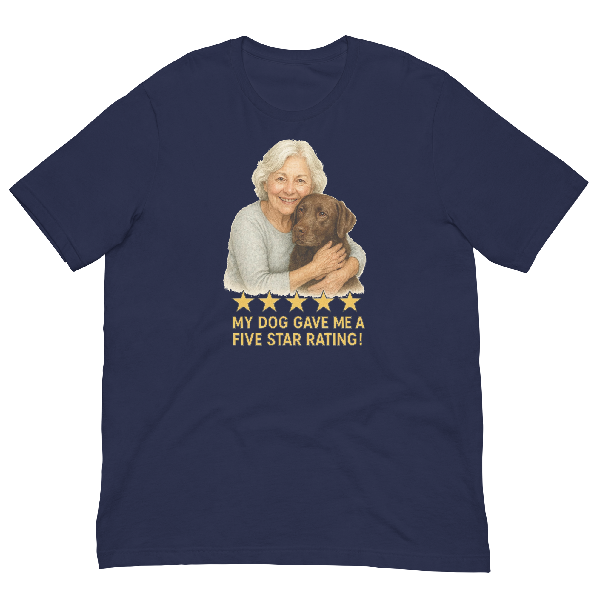 White Hair Woman with Chocolate Labrador graphic tee.