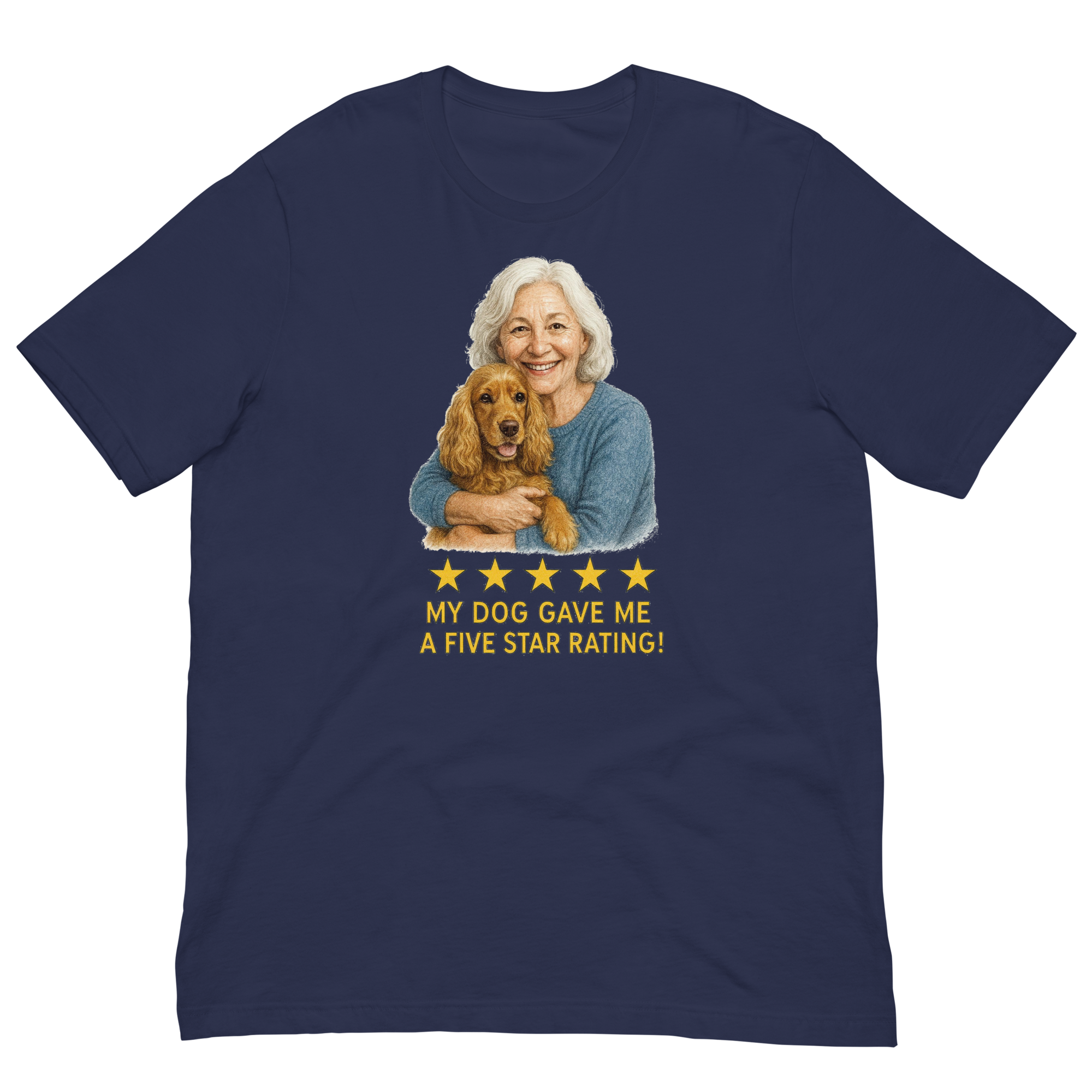 White Hair Woman with Cocker Spaniel graphic tee.